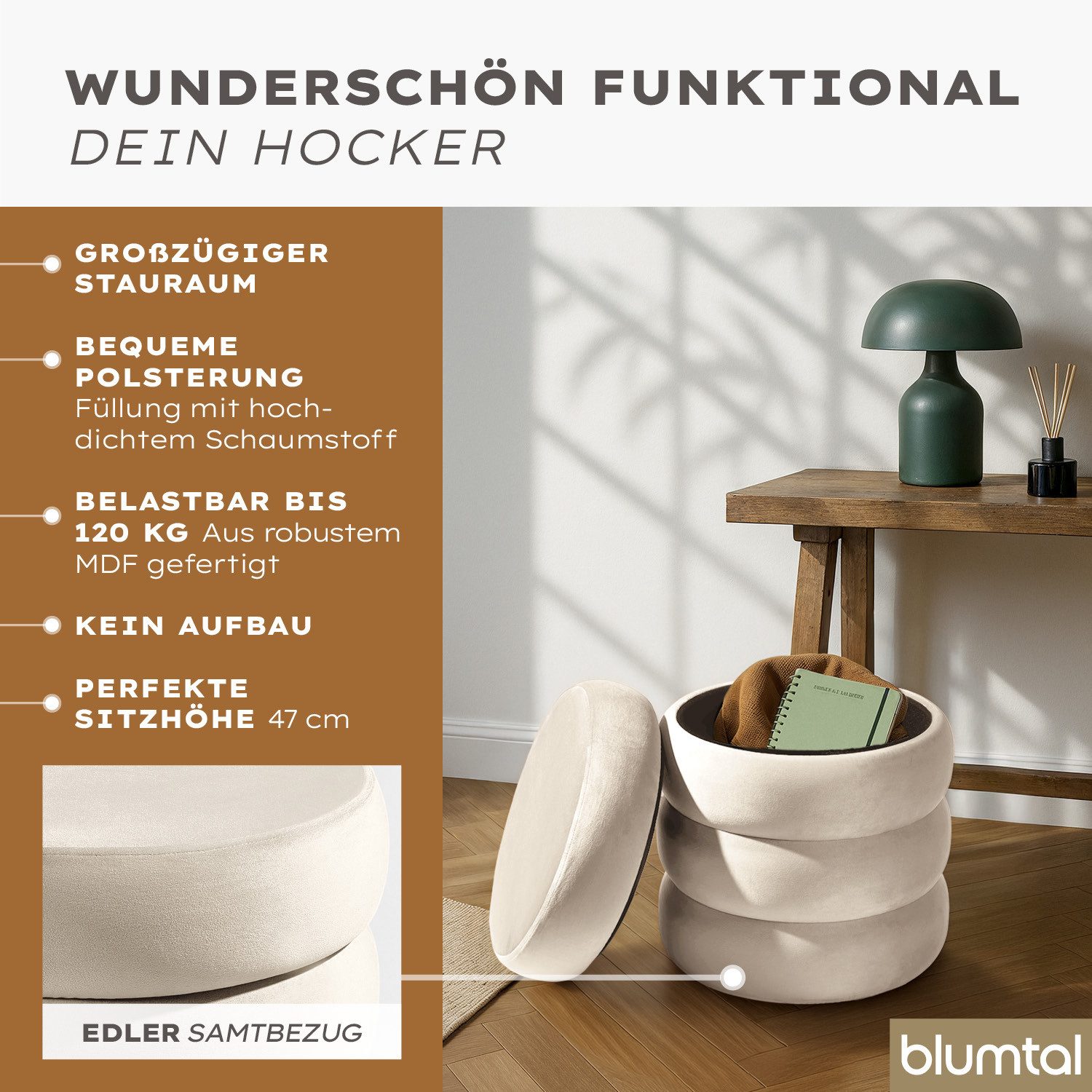 Blumtal Sitzhocker Hocker mit Stauraum mit Bouclé oder Velvet-Bezug, robuste Sitztruhe mit Stauraum und extrem Dickes MDF