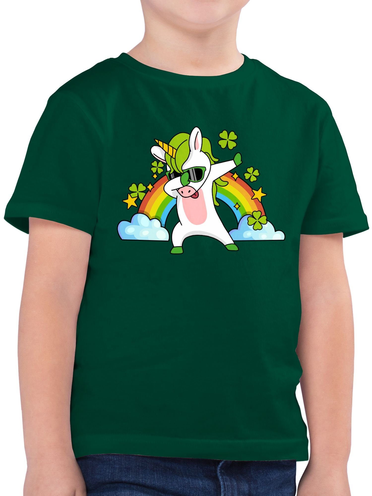 Shirtracer T-Shirt Dabbendes Einhorn Kleeblatt Regenbogen Anlässe Kinder 1 Tannengrün