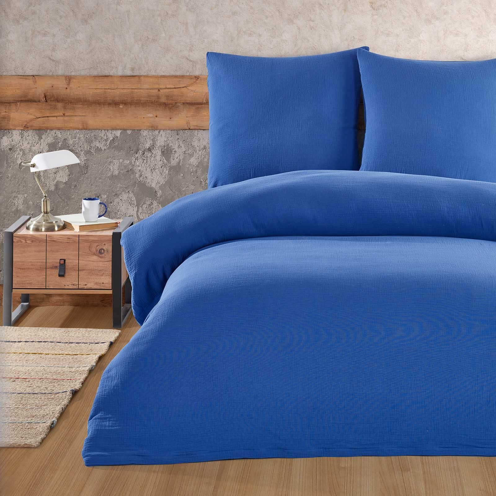 Bettwäsche Luxury, Buymax, Musselin 100% Baumwolle, 3 teilig, 200x220 cm, Bettbezug Set, Uni einfarbig, mit Reißverschluss, Blau