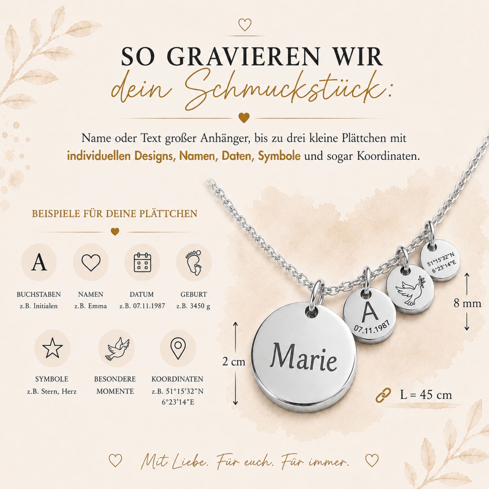 BS Schmuckdesign Kette mit Anhänger mit Gravur Personalisierte Halskette Damen Gravurkette Anhängerplättchen (inkl. Gravur), personalisiert inkl. Geschenkbox