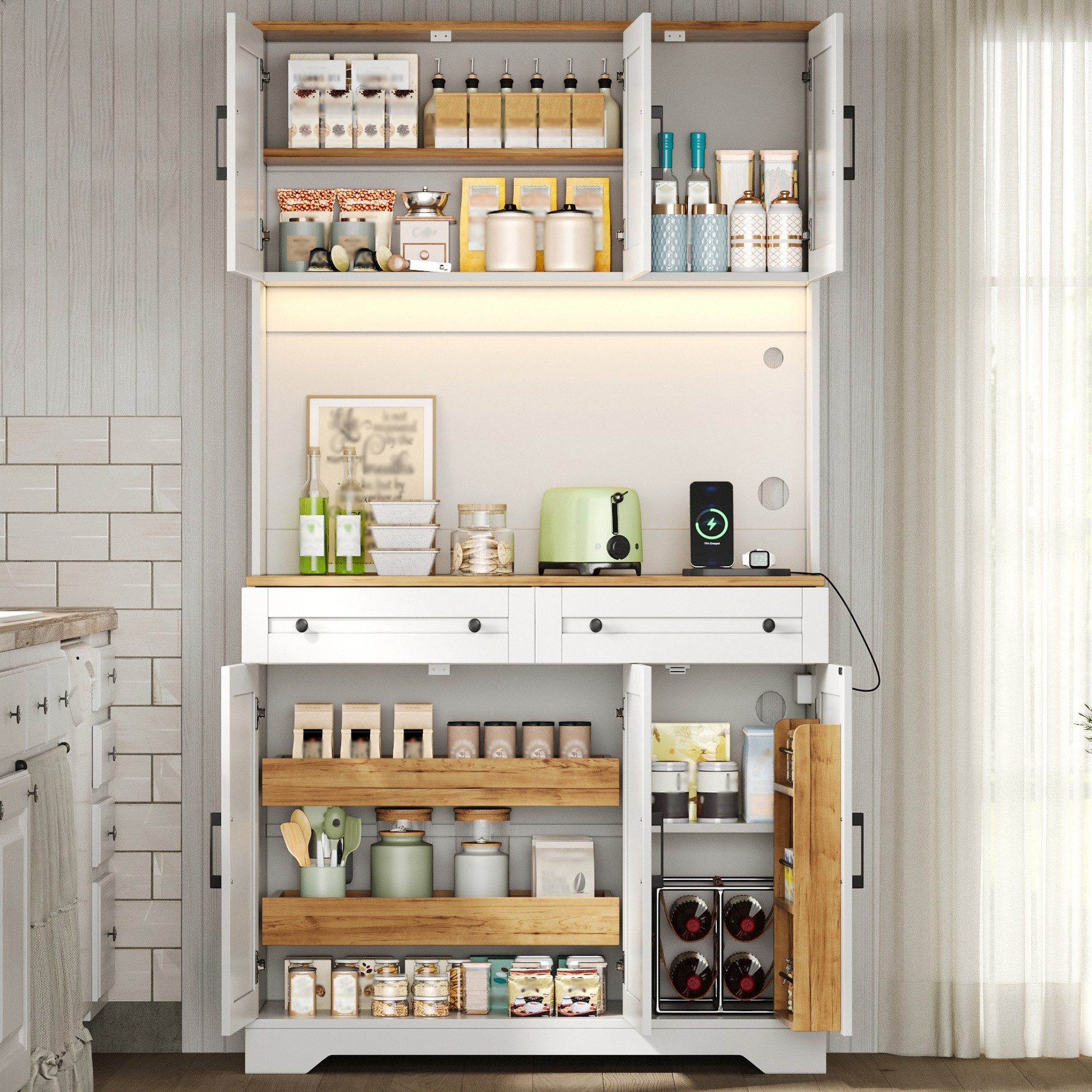 Flieks Küchenbuffet Hochschrank mit LED-Beleuchtung, Steckdosen, versteckter Schubladen (1-St., B100xT40xH180 cm) Küchenschrank mit Arbeitsplatte Holzoptik, ver – Bild 5 von 5