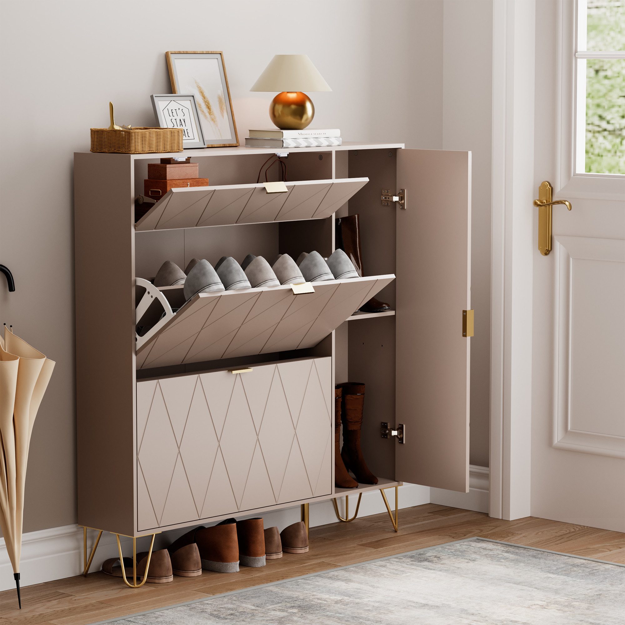 UEV Schuhschrank mit 4 Klappen schmal Schuhkipper Schuhregal (Packung, 105x24x120cm) verstellbare und herausnehmbare Trennwände für verschiedene Schuhtypen