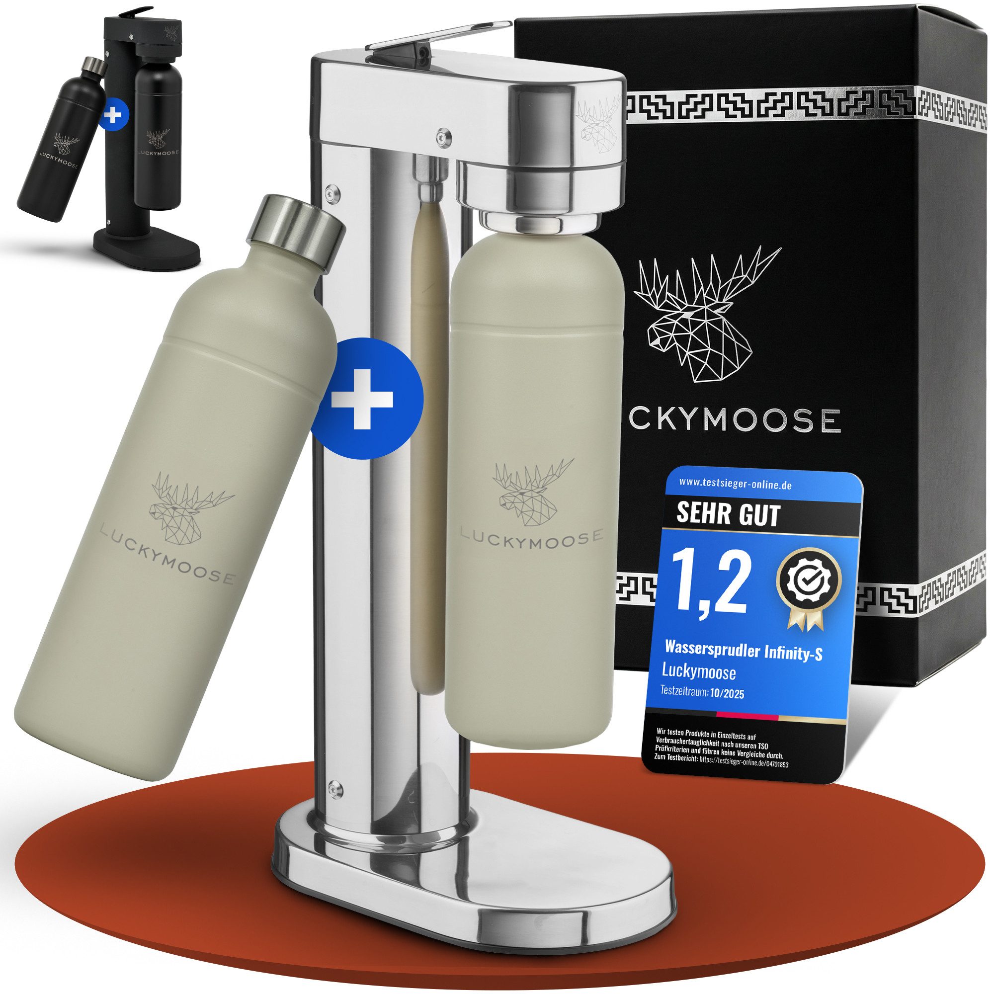 Luckymoose Wassersprudler Infinity-S mit 2x 1,25L langlebige Edelstahlflaschen, (2xSand-tlg), Spart bis zu 25% CO2, Flaschen spülmaschinenfest & ohne Ablaufdatum