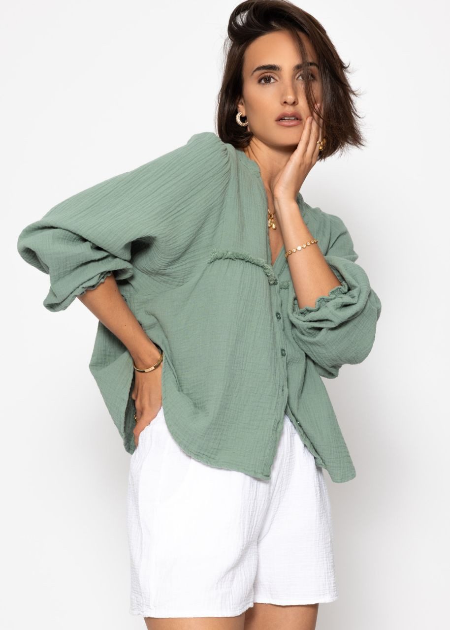 SASSYCLASSY Langarmbluse Musselinbluse Damen mit Fransen und Rüschenärmeln günstig online kaufen