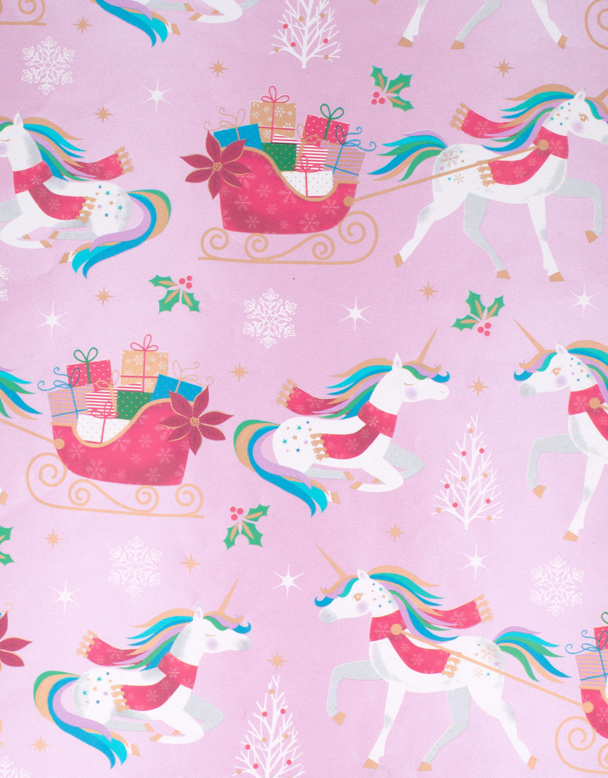 Star Geschenkpapier, Geschenkpapier Einhorn mit Weihnachtsschlitten 70cm x 2m Rolle Rosa