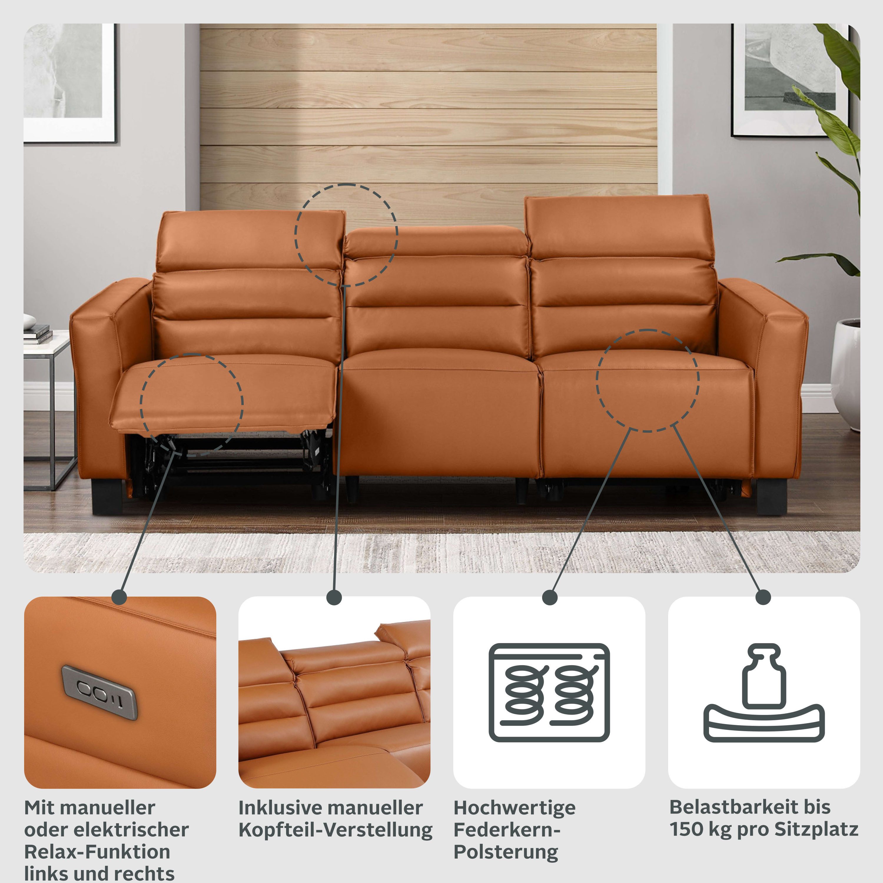Home affaire 3-Sitzer Carpari, 224cm, manuelle od. elektrische Relaxfunktion in 2 Sitzen, mit USB-A/C, Kopfteilverstellung, Echtleder, Kunstleder, Webstoff