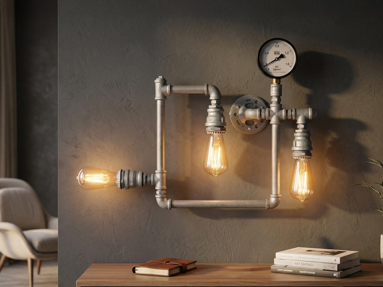 Luce Ambiente Design LED Wandleuchte, LED wechselbar, warmweiß, innen, ausgefallene Treppenhaus Industrial Rohr Lampe flach Grau, 46cm