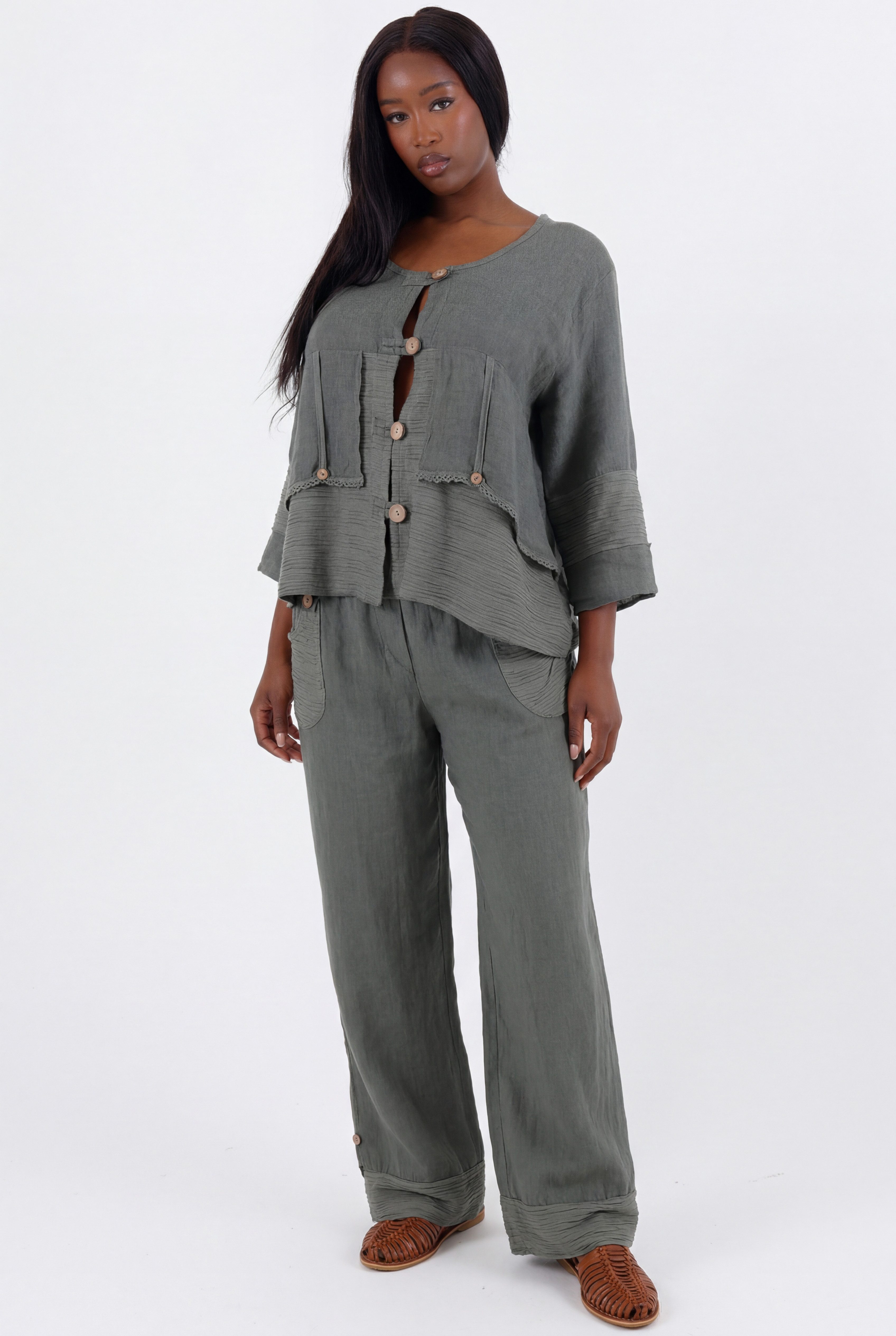 YC Fashion & Style Hosenanzug Boho Leinen-Zweiteiler aus 100 % Leinen mit Knopfdetails 2 teiliges Set