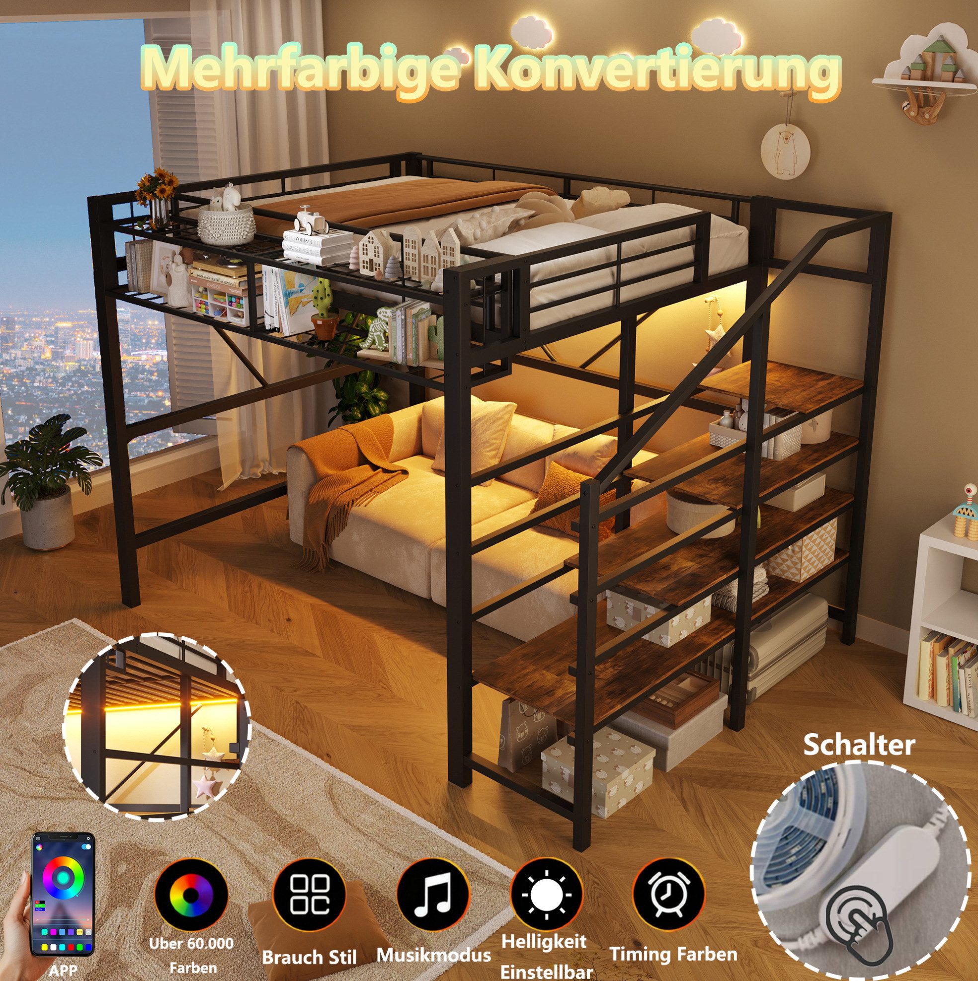 MODFU Hochbett Kinderbett aus Metall mit offenem Stauraum, LED-Leiste (Jugendbett 140x200 cm mit Gitterelementen, Stufen-Ablageregal und Aufbewahrungskorb, Eisenbett) Inklusive Matratze