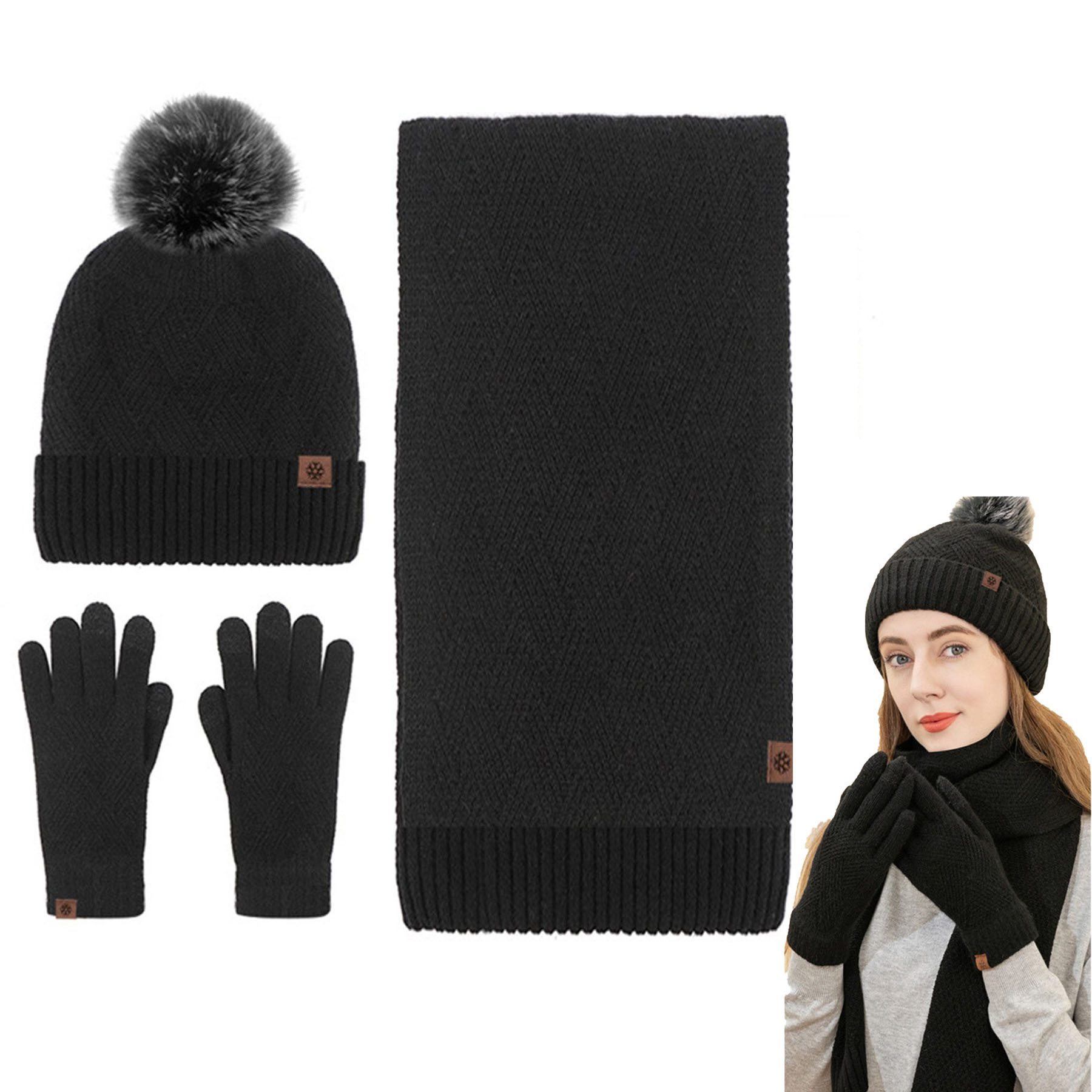 Mutig Mütze & Schal Mütze Schal Handschuh 3-Set,Gestrickte Touchscreen-Handschuhe (Winter Weich Warm,Warmes Strick-Set mit Futter,Damen Unisex, Hergestellt aus weichen Wolle,Winter Geschenk-Mehrfarbig) Geschenk zu Weihnachten, Erntedank oder Neujahr