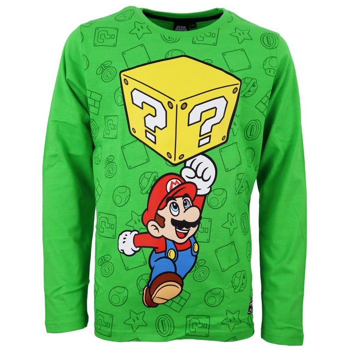 Super Mario Langarmshirt Kinder Shirt in Grün Gr. 104 bis 152 100% Baumwolle