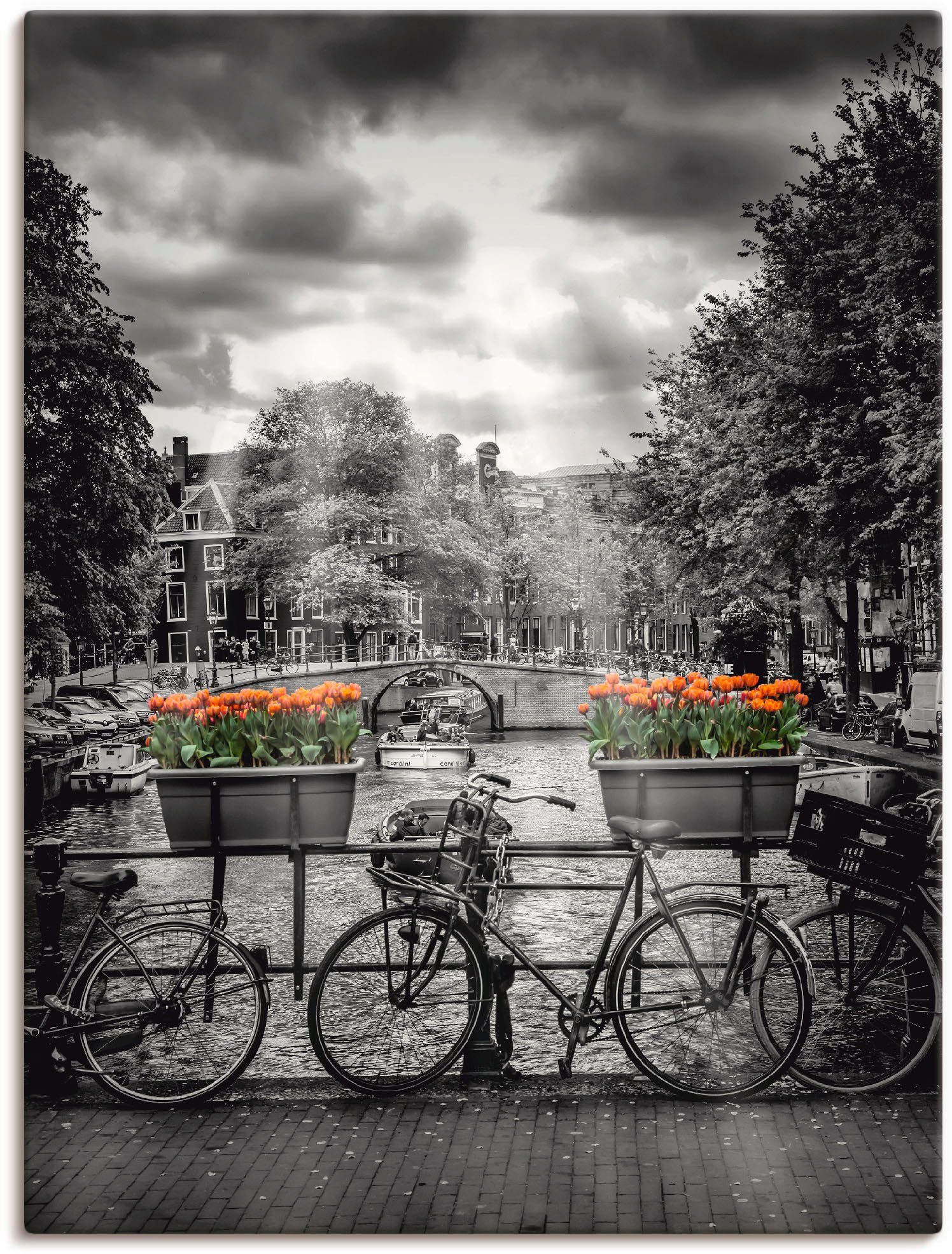 Artland Leinwandbild Amsterdam Herengracht & Sonnenstrahlen, Fahrräder (1 St), auf Holzrahmen gespannt