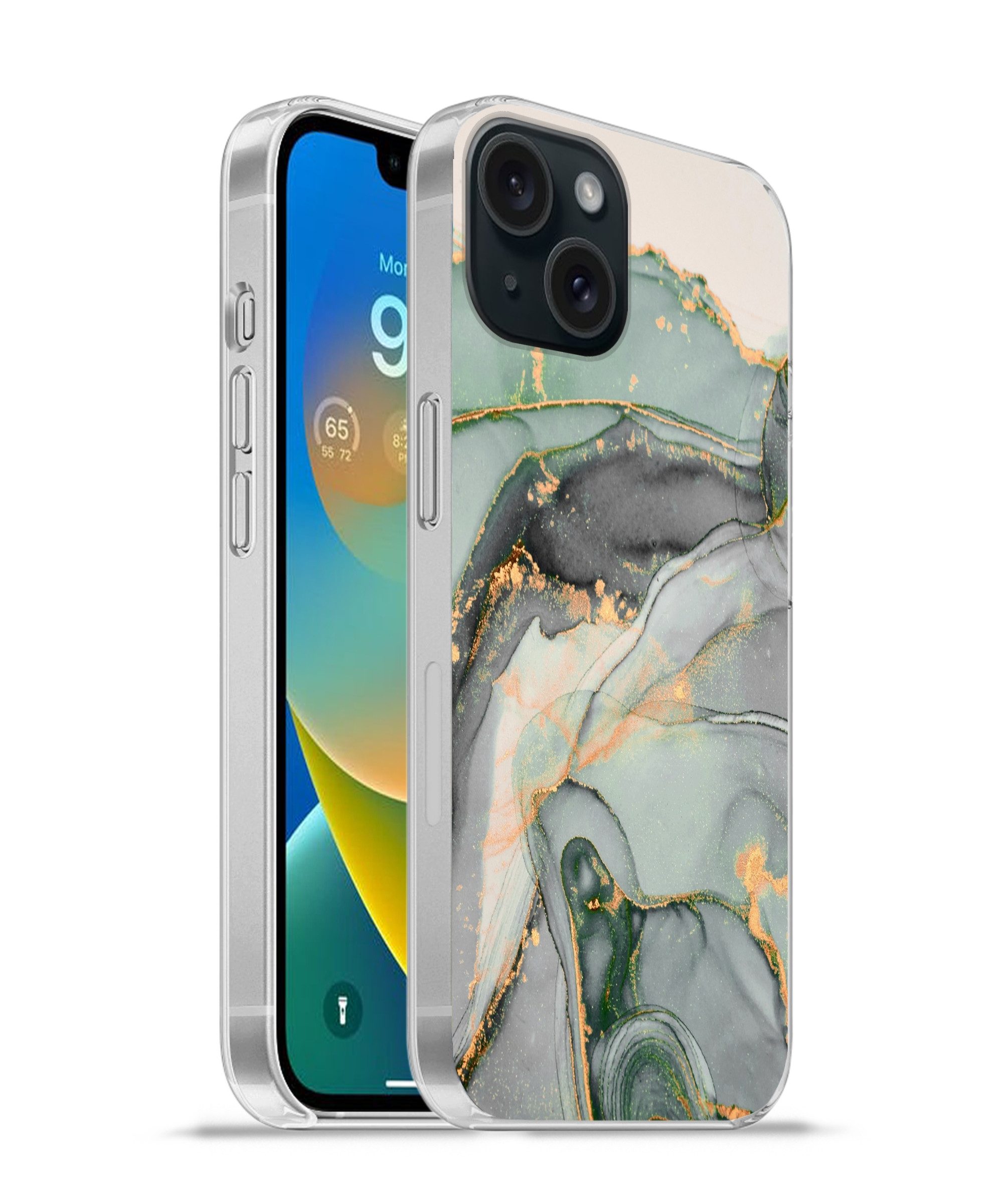 MuchoWow Handyhülle für Apple iPhone 15 Gold - Marmor - Grün - Luxus - Glitzer - Marmoropt, Smartphone-Bumper, Print, Handy Schutzhülle Dünn