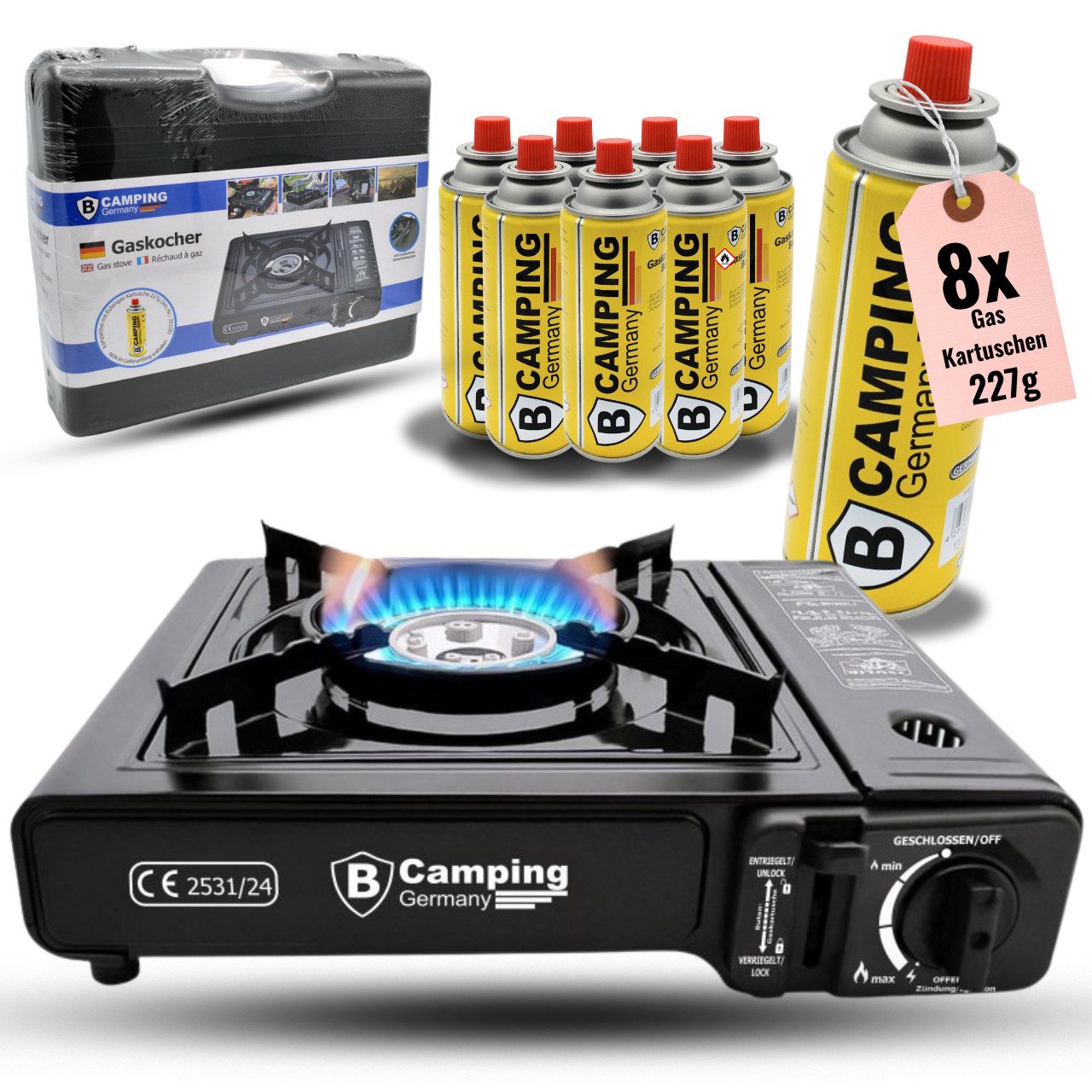 bahama Gaskocher inkl. 227g Gaskartuschen mobiler Kocher für Campingkocher Outdoor, (8-St), Kartuschenkocher mit 8x Gaskartuschem 1-flammig + Trage-Koffer Gasherd