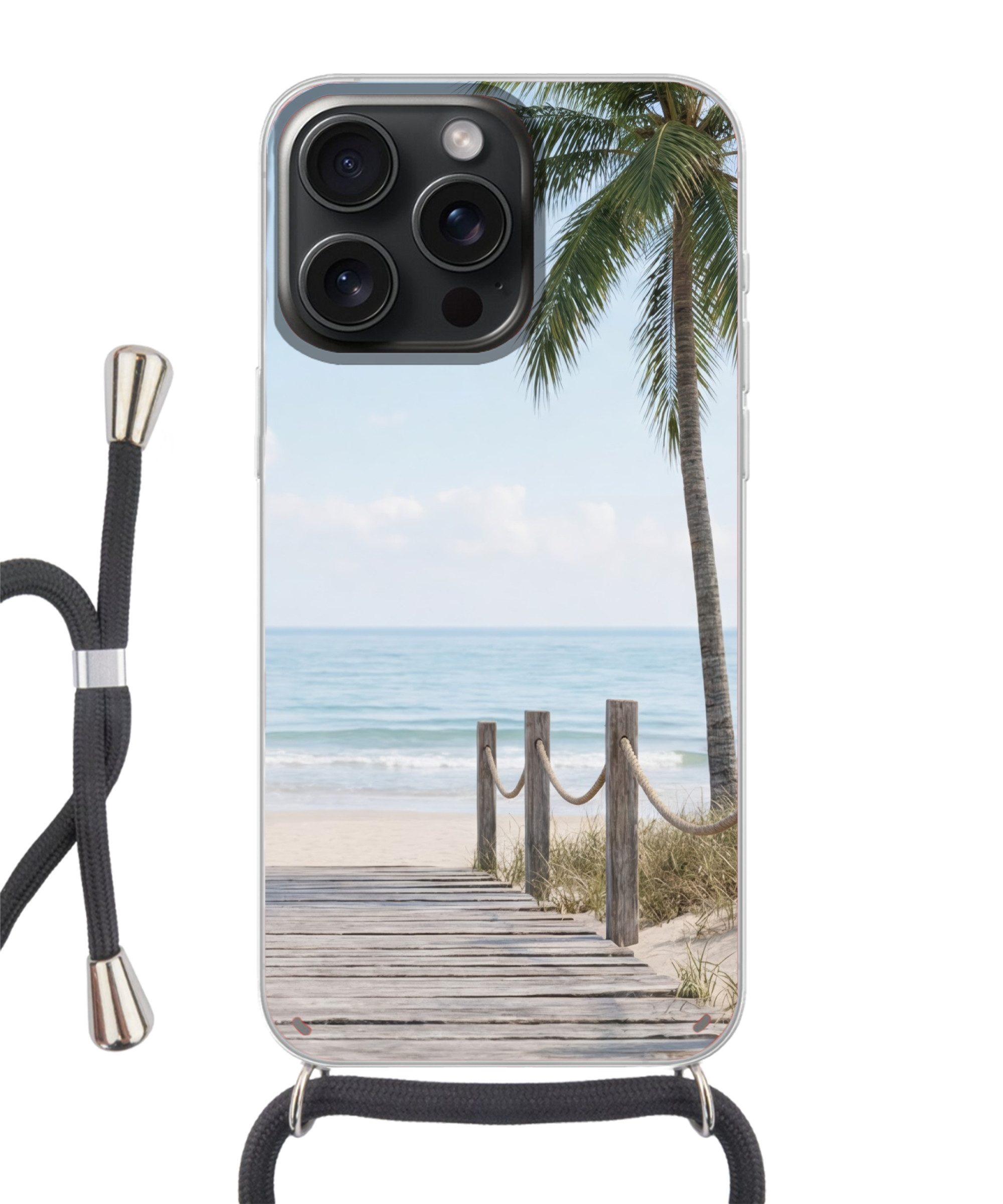 MuchoWow Handyhülle für Apple iPhone 15 Pro Max Palmen - Weg - Horizont, Tragbare Handyhüllen mit Kette zum umhängen, Handykette Handyband