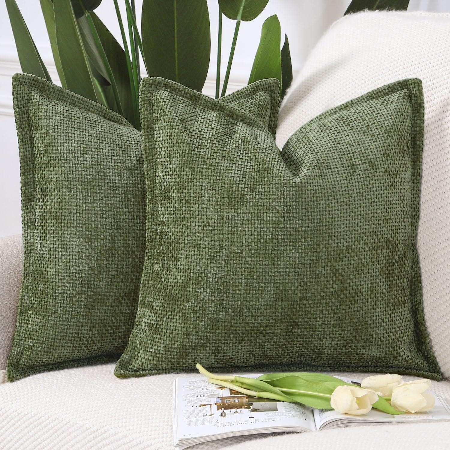 LuxusKollektion Kissenbezug Kissenbezüge Chenille Samt Rand Moosgrün 50x50 2er Set