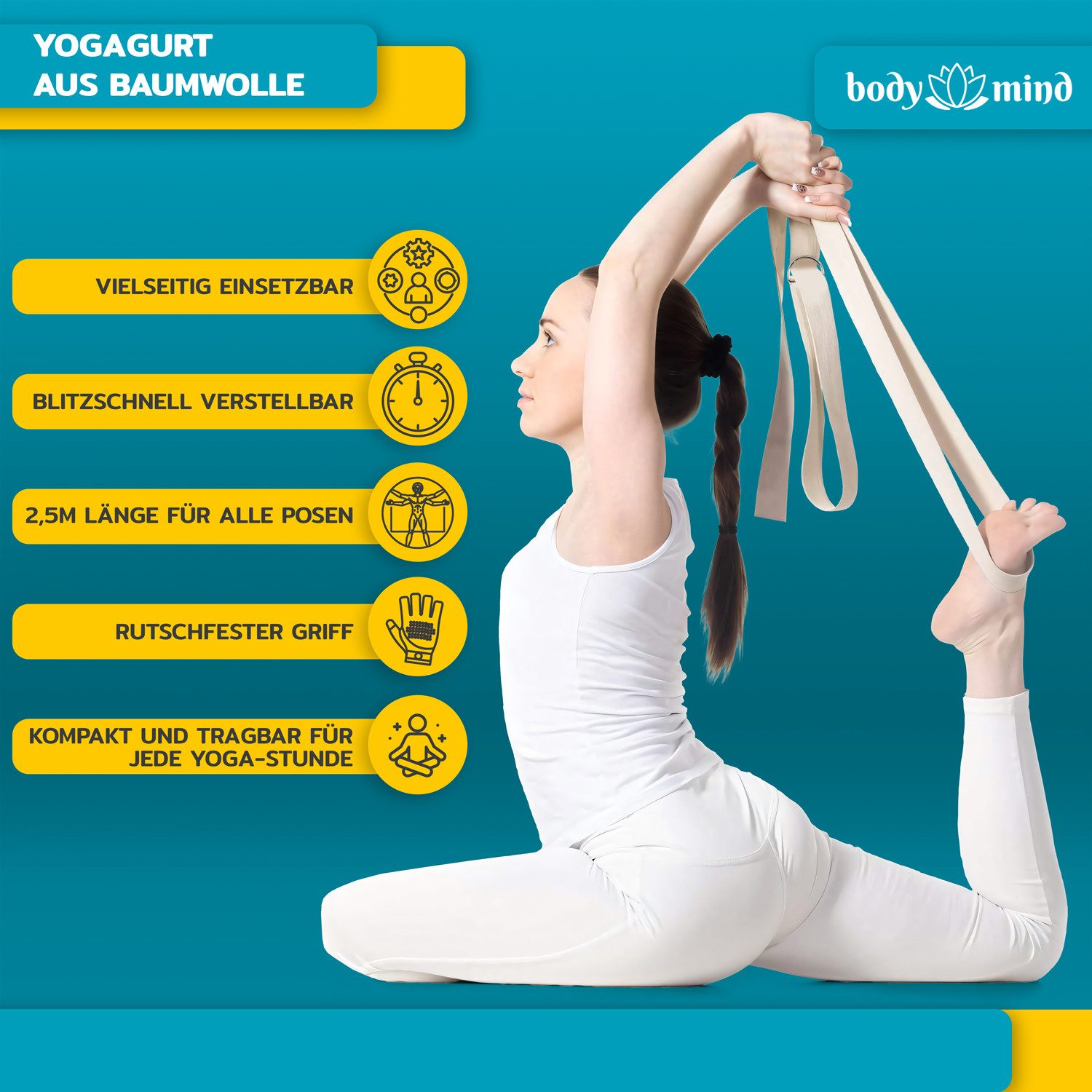 Body & Mind Yogagurt Body & Mind Yogagurt – Baumwolle Yoga Band mit D-Ring für Dehnung, Yoga-Band mit D-Ring-Verschluss