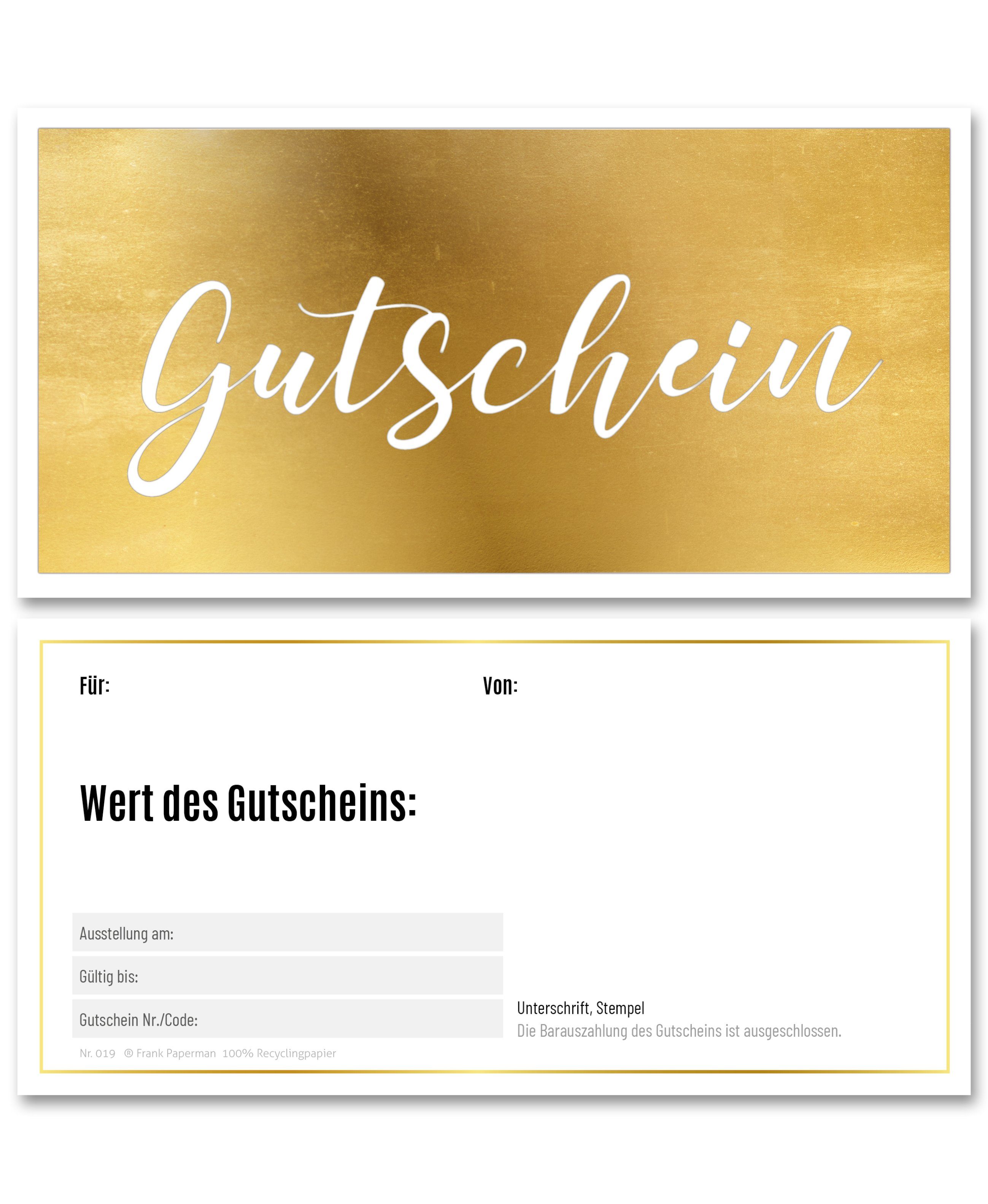 Frank Paperman Geschenkkarte Gutscheine & Terminkarten, Goldfolienprägung, Stempelfeld, 100 % Recyclingpapier, Geschenkgutschein, Danke, Geburtstag