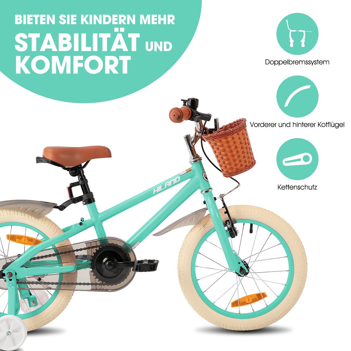 HILAND Kinderfahrrad 14 16 18 Zoll Kinderfahrrad, Kinderfahrrad für Mädchen, mit Stützrädern, Handbremse und Rücktrittbremse, Korb
