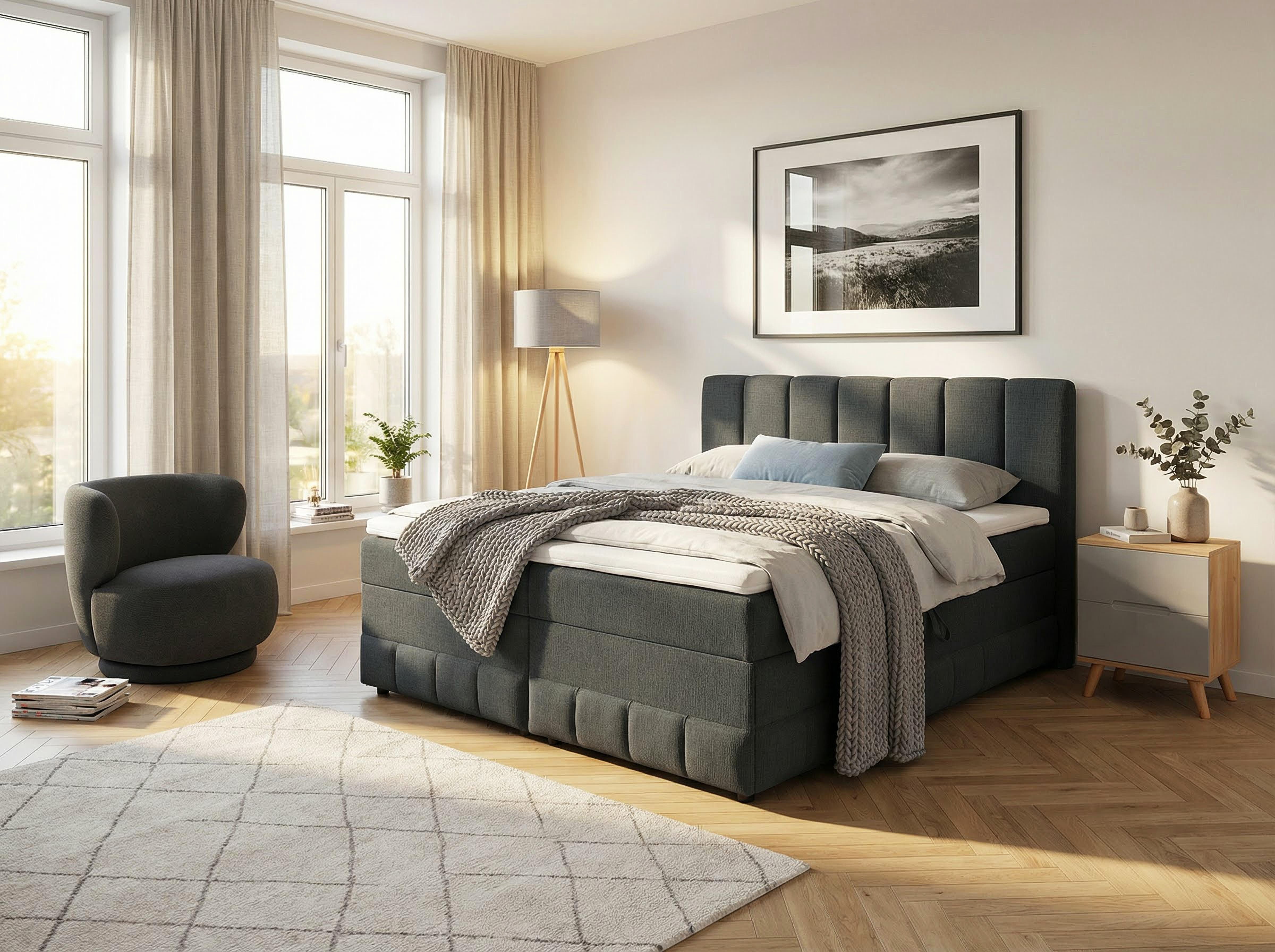 OTTO home Boxbett LIKELY, Polsterbett mit Bettkasten, inkl. Taschenfederkernmatratze H3, mit Kaltschaumtopper, Chenille-Bezug, 140x200 & 180x200 cm