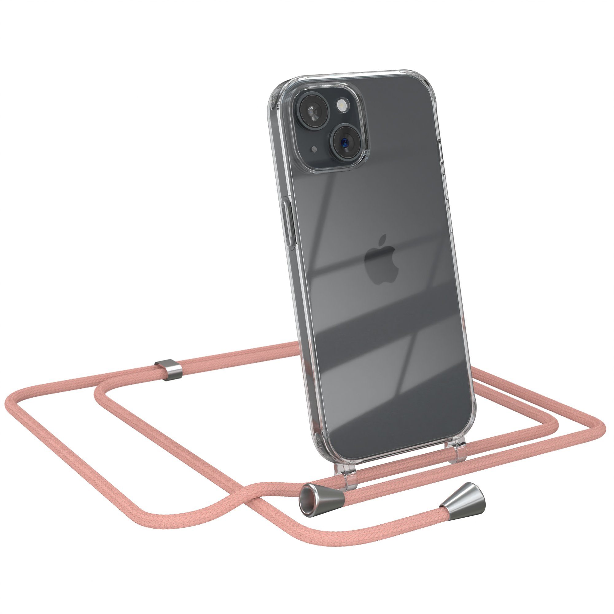 EAZY CASE Handykette mit-/ ohne Magsafe Hülle für iPhone 15 6,1 Zoll, Ketten Hülle Schultergurt Schutzhülle Tasche mit Band Altrosa Unifarbe