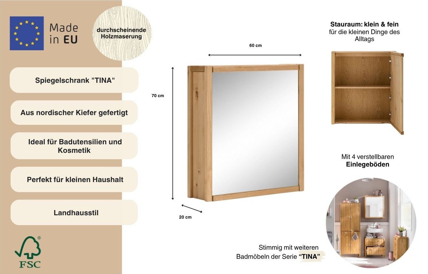 Home affaire Spiegelschrank Tina Badmöbel, Spiegel, Breite 61,5 cm, Massivholz