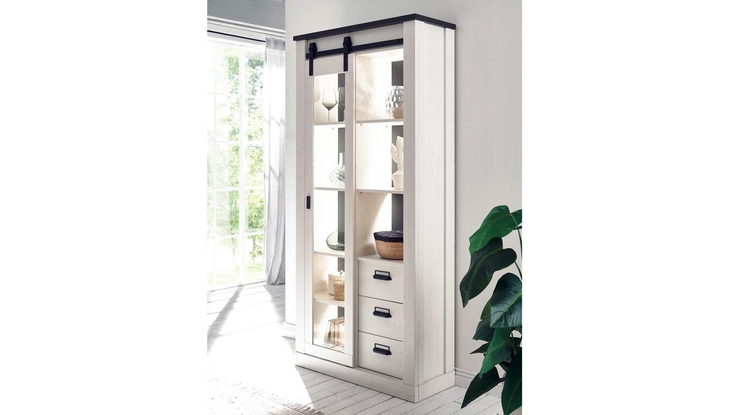Möbel Akut Vitrine Vitrine Sherwood 24 Pinie weiß und anthrazit mit soft-close 93 cm