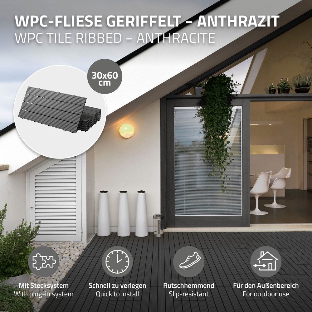 ECD Germany Terrassendielen WPC Bodenplatte Terrassenfliesen Fliesen mit Drainage und Klicksystem, BxL: je 30x60 cm, 22 mm Stärke, Bodenbelag 1m²/6 Stück Anthrazit rutschfest Balkonfliesen