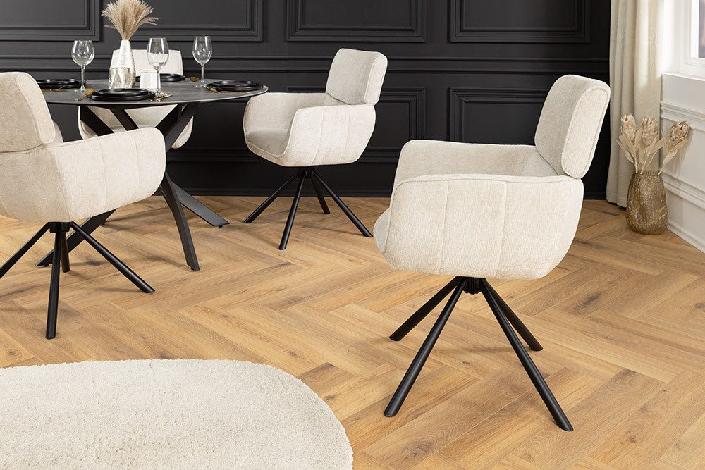 riess-ambiente Drehstuhl UNIQUE champagner/schwarz – Chenille, mit Armlehne, Metallgestell (Einzelartikel, 1 St), 180° drehbar mit Rückholmechanik – ideal für Esszimmer oder Büro