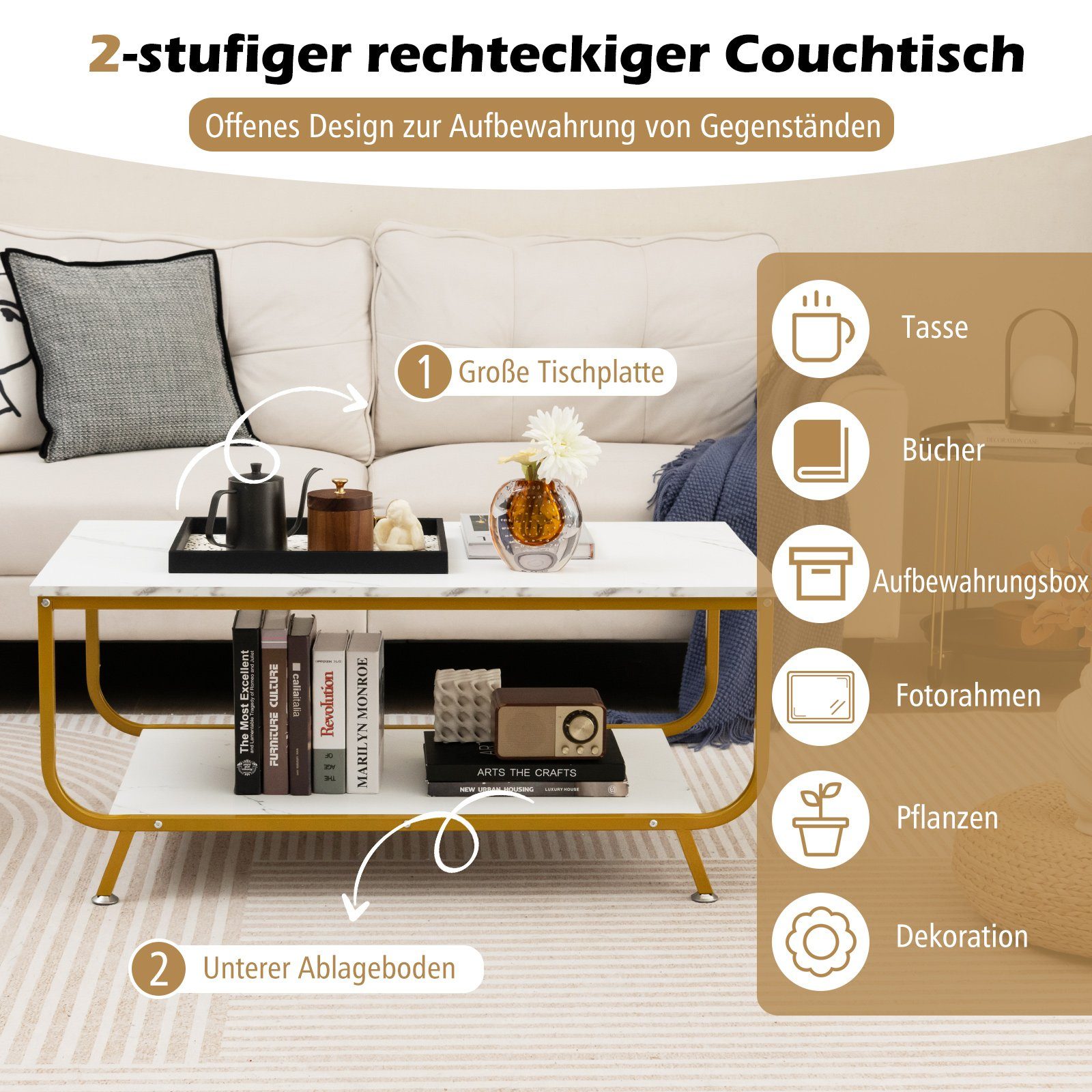 COSTWAY Couchtisch, Marmor, rechteckig, mit Stauraum, 105x55x46,5cm, gold
