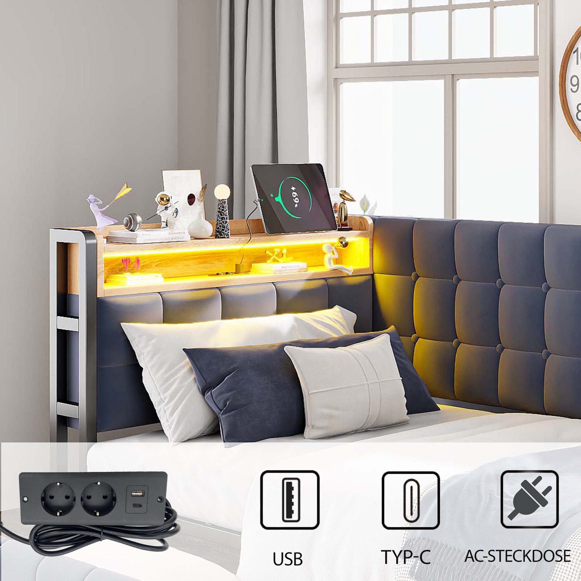 KLAM HOME Schlafsofa 90 X 200cm Gepolstertes Schlafsofa mit USB- und Typ-C-Anschluss, multifunktionales Kinder-Bootsbett, Schlafsofa Einzelbett Beige – Bild 5 von 5