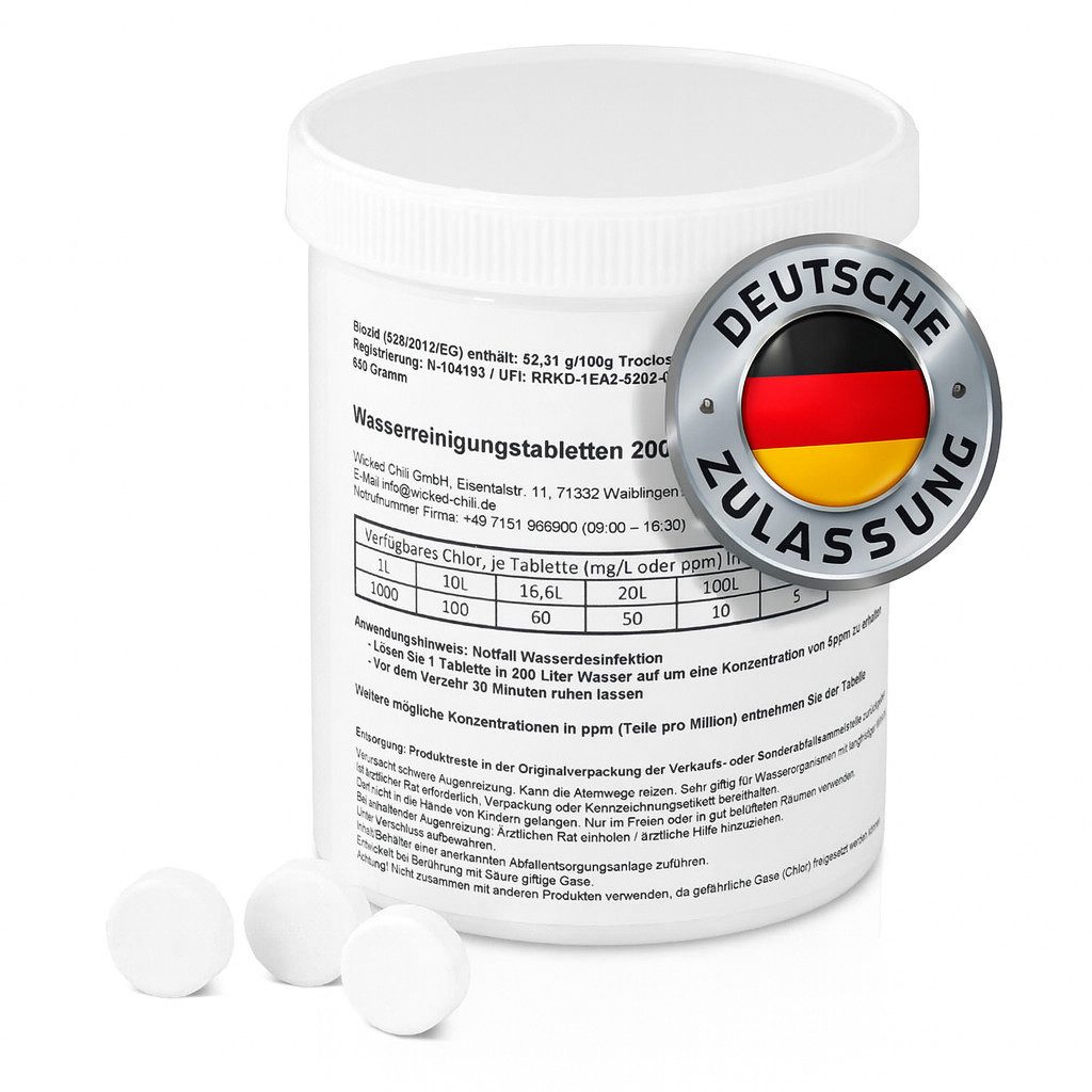 Wicked Chili Chlortabletten 200 Tabletten für 40.000L Trinkwasser Entkeimung, (200 Tabletten für je 200 Liter), Wassertank Reiniger Wohnmobil, Camper, Zisterne