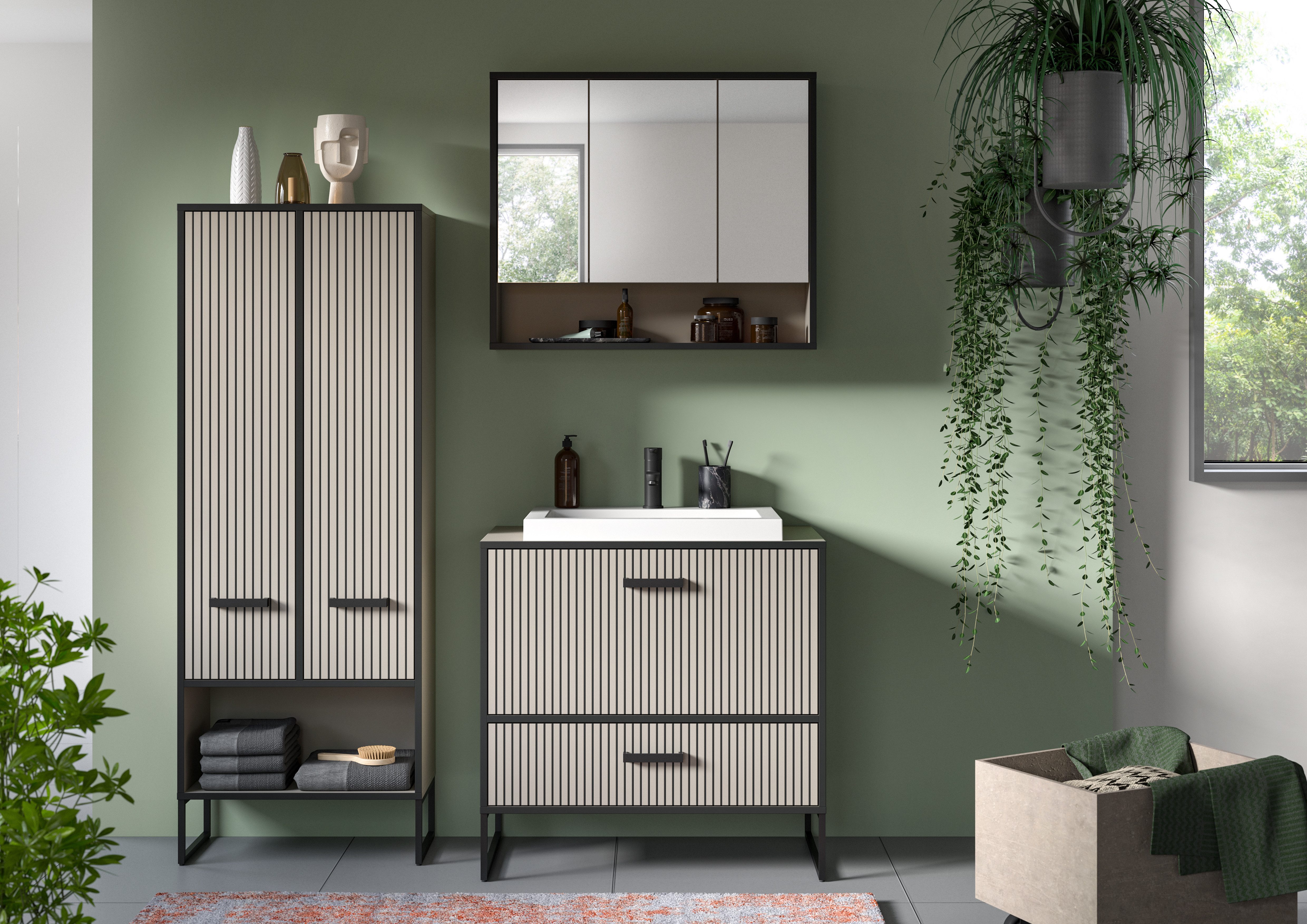 welltime Badmöbel-Set Locri, Breite 154 cm, Rillenoptik, Metallkufen, (3-St), best. aus: Hochschrank, Spiegelschrank, Waschtisch