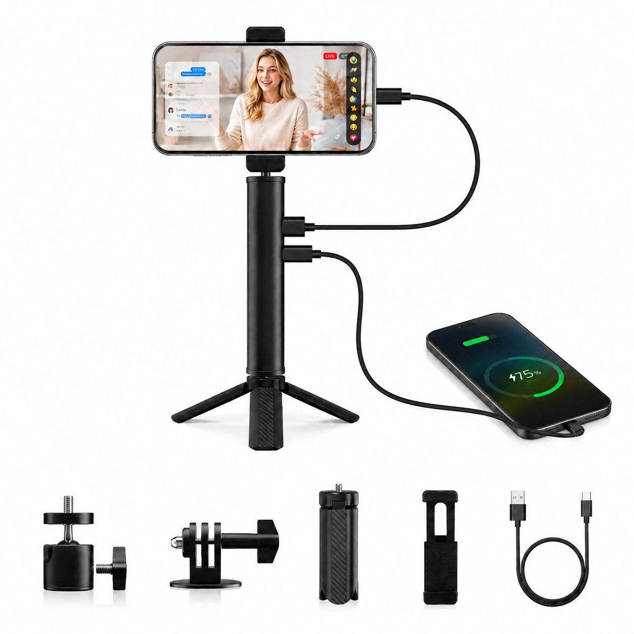 Rhein Beleuchtung 10000mAh Powerbank Handgriff mit Stativ & Handyhalter Handstativ (PD 18W Schnellladen, 1/4 Zoll Gewinde, USB-C, bis 3 kg Tragkraft)