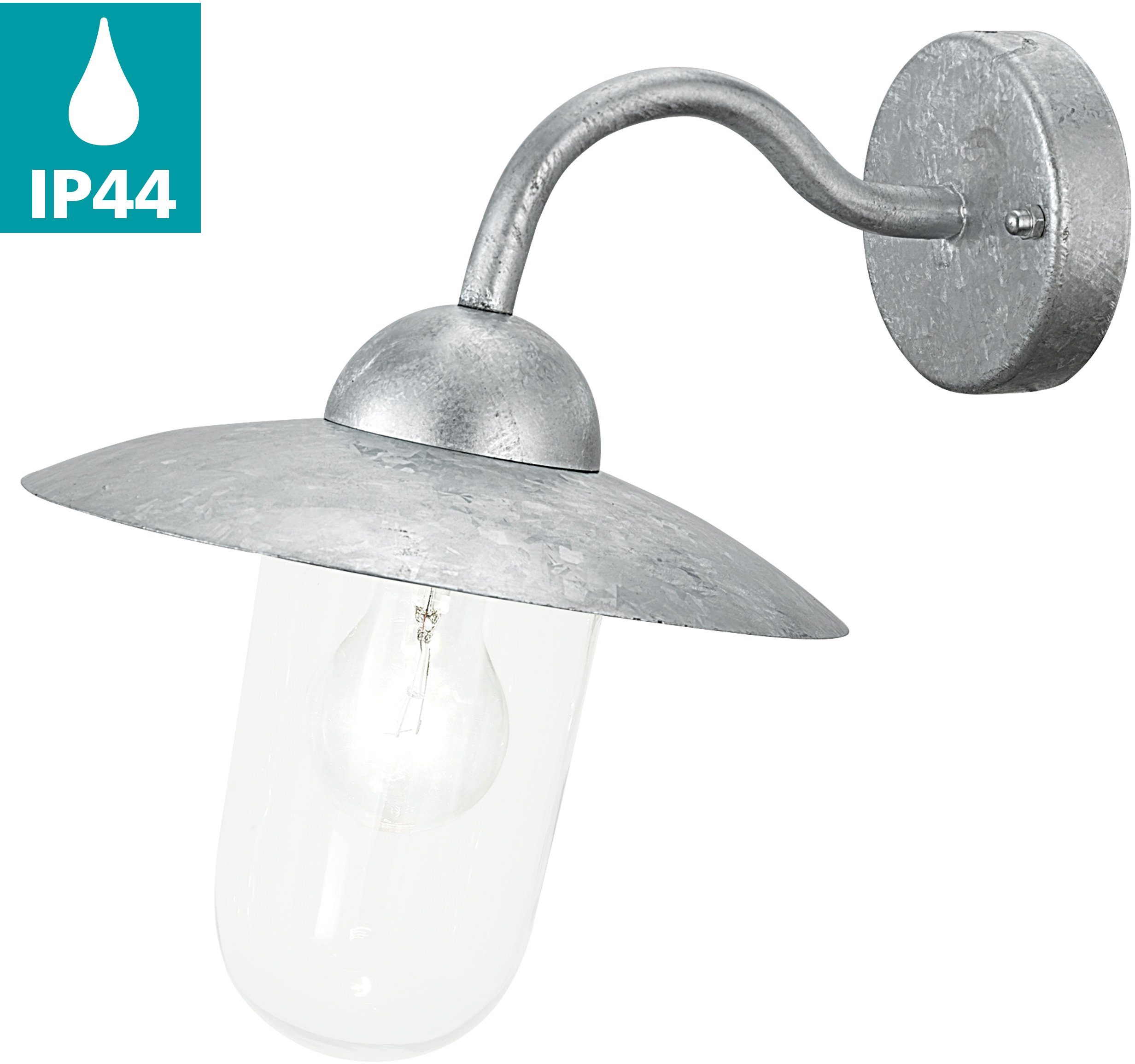 EGLO Wandleuchte MILTON Wandlampe, E27, IP44, Stahl und Glas, Außenlampe, Garten, Lampe, ohne Leuchtmittel, Wand-/Deckenleuchte, H31 x AL31 cm, feuerverzinkt, 1X60W exkl.
