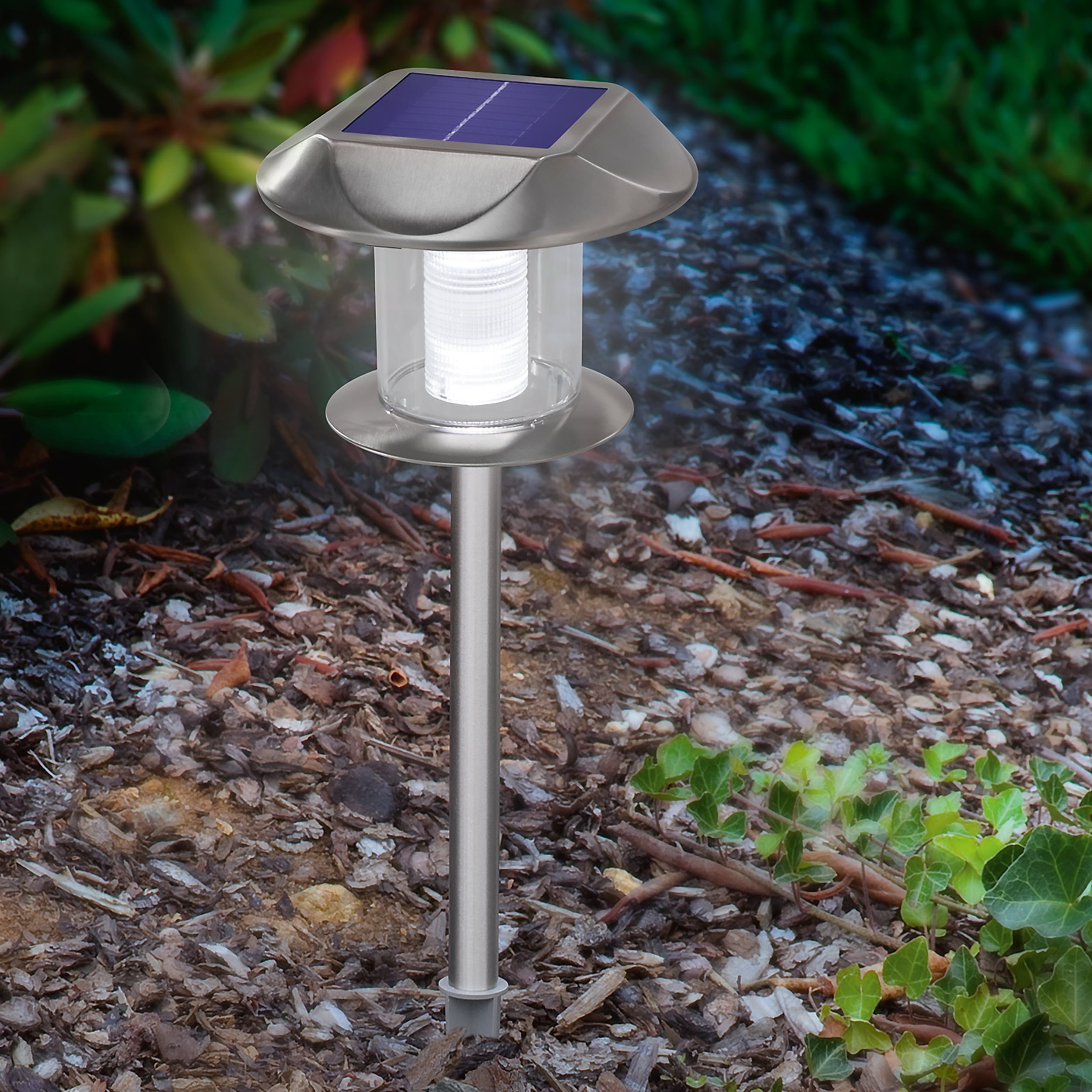 esotec LED Gartenleuchte Edelstahl Solar-Stablampe Sunnylight H38cm DuoColor 2800K 6000K 102093