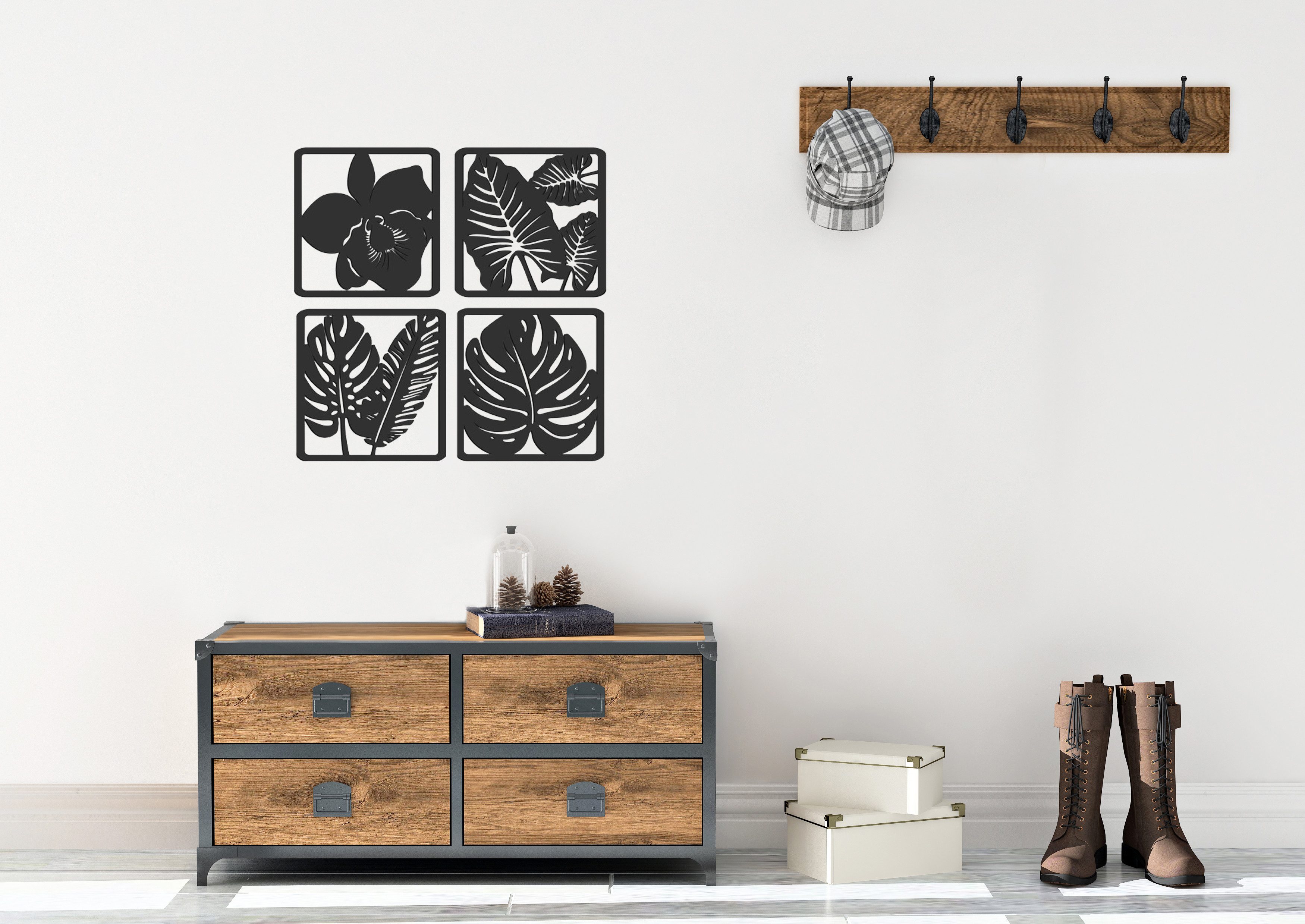 ORNAMENTI Wanddekoobjekt 3D Wanddeko aus Holz für Wohnzimmer, Tropische Palmen, Monstera (Hingucker Wandbild, Holzdeko, Holzbild, stilvolle Wanddekoration, Wandpaneel, Ornament, Wandrelief), Verzierung fur Zuhause, Wandkunst, Dekorative Skulptur