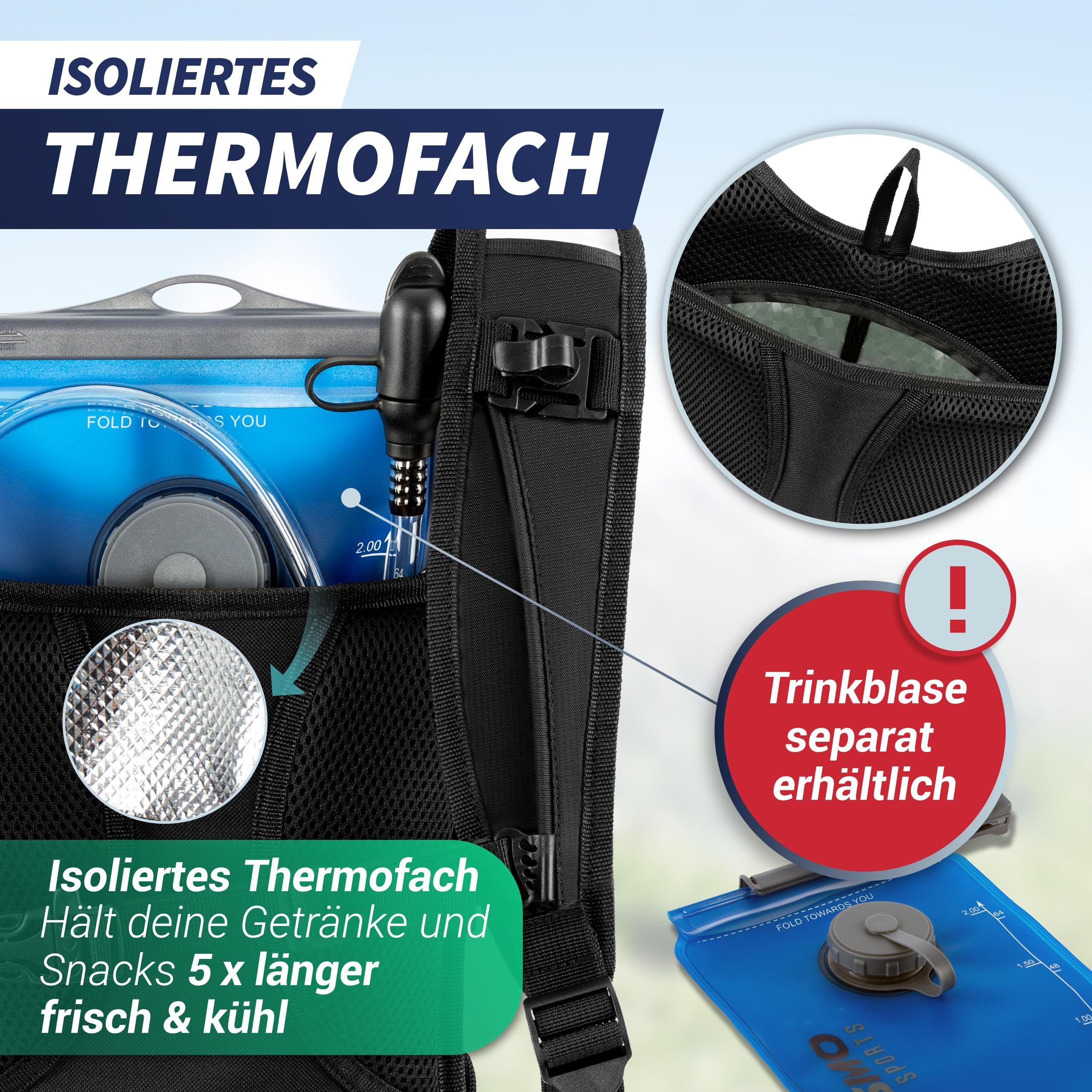 Sasmo Trinkrucksack mit Thermofach, Trinkrucksack Laufen - Ultraleicht, Laufrucksack Damen & Herren inklusive Regenschutz & Reflektoren
