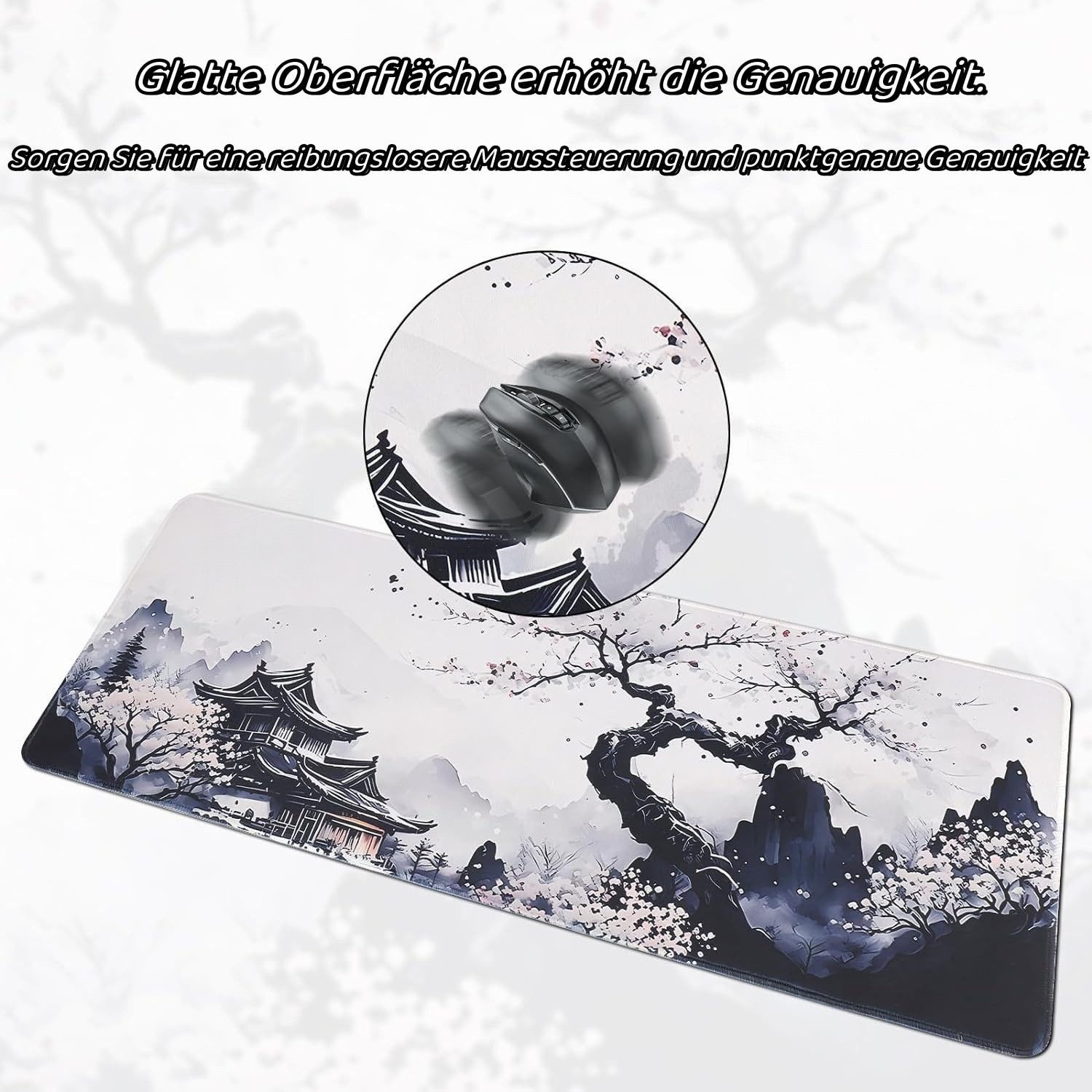FOUORTUNATE-BEE Mauspad Große Mauspad Sakura Design Schreibtischunterlage rutschfest, 80*30cm Gaming Mauspad mit Kirschblüten Motiv für Büro & Zuhause