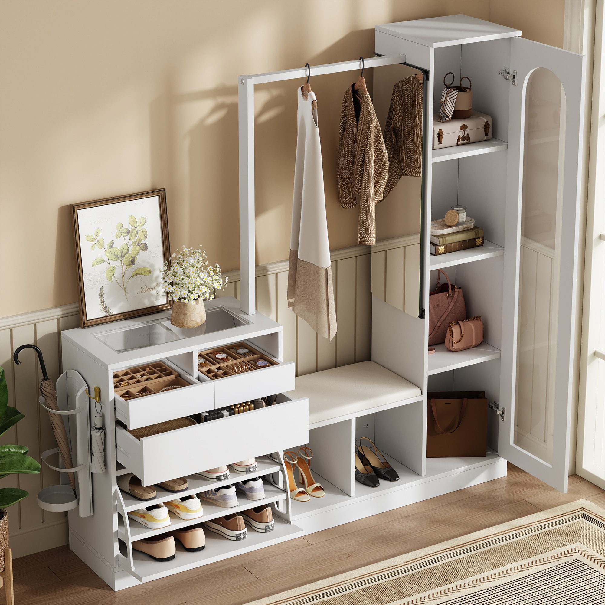 Garderobenschrank Kombi-Stehschrank Vitrine Flurgarderobe Kleiderschrank Schuhbank Weiß