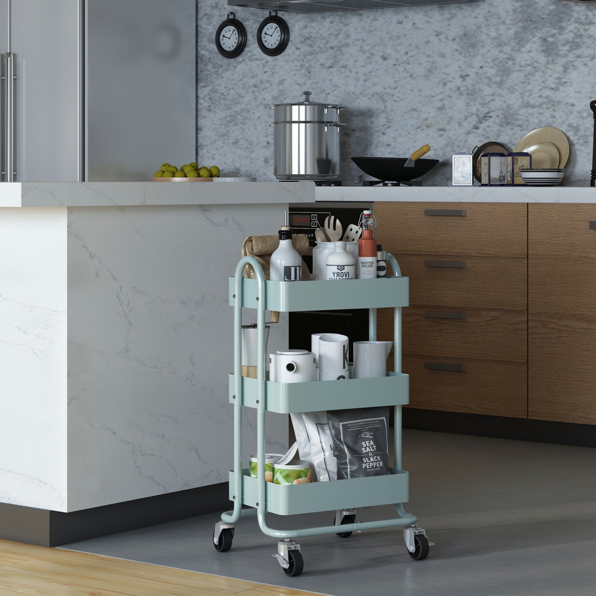 en.casa Küchenwagen, »Pyhäntä« Stahl mit 3 Ebenen Mintgrün