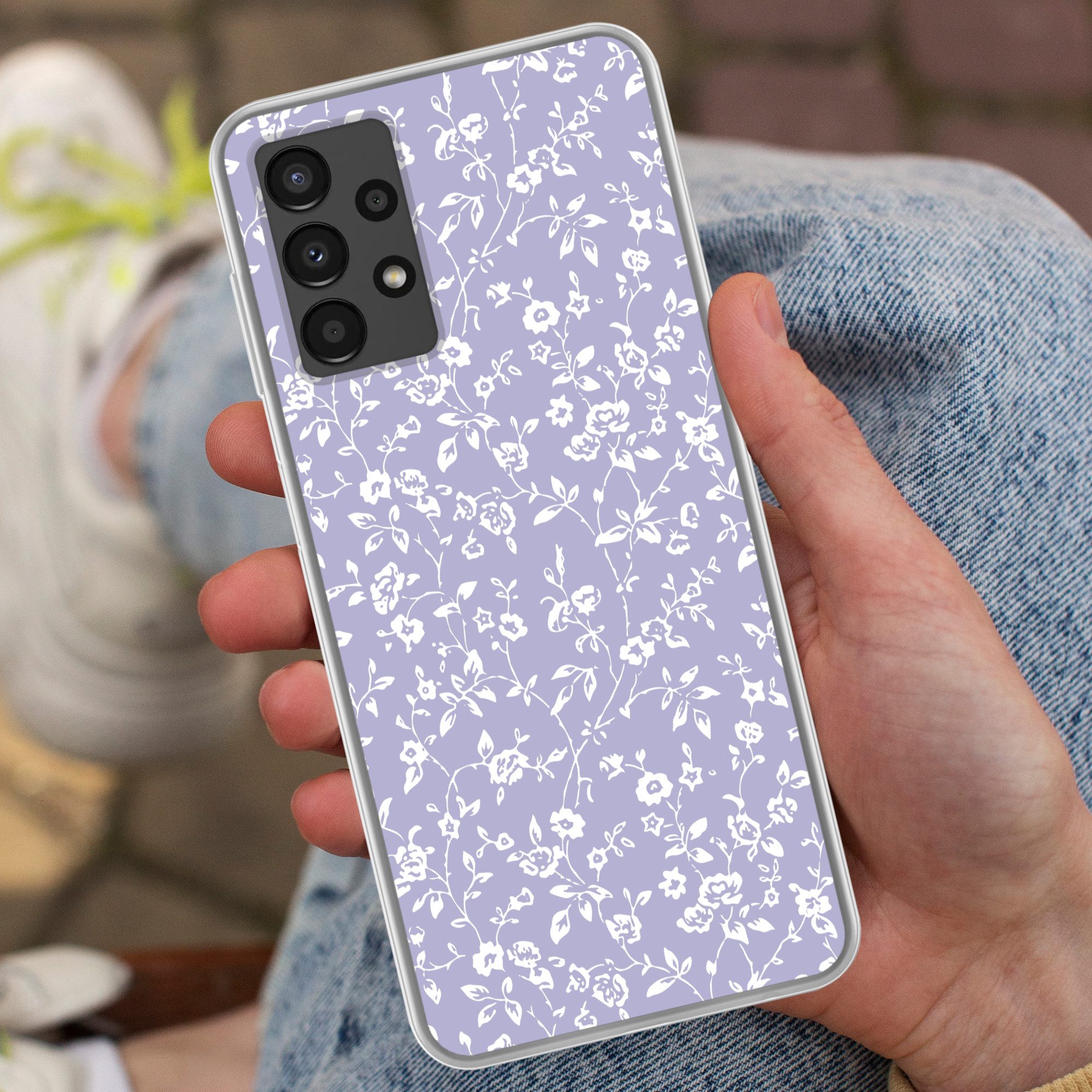 MuchoWow Handyhülle für Samsung Galaxy A13 4G Florales Muster - Lila - Weiß - Blumen, Smartphone-Bumper, Print, Handy Schutzhülle Dünn