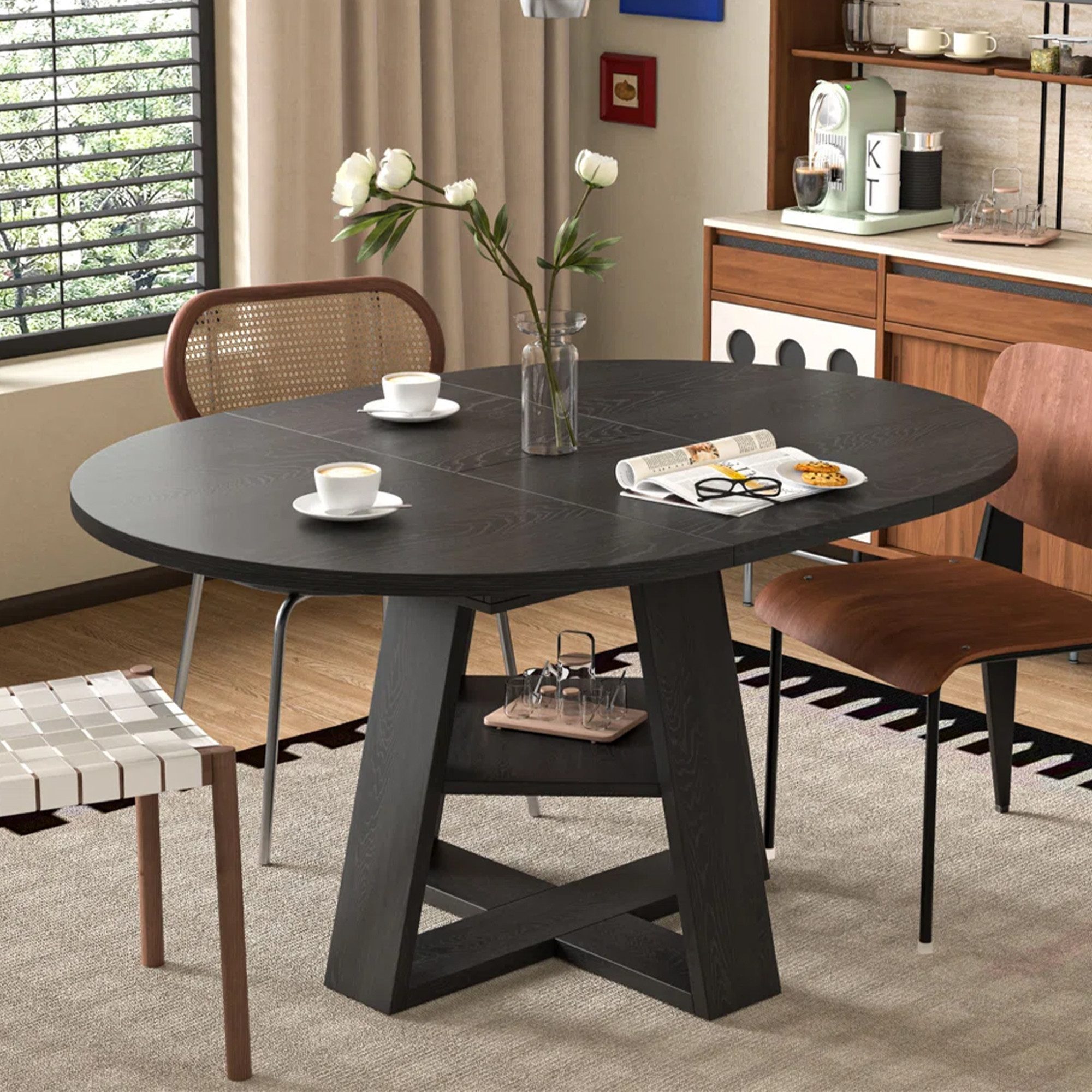 Flieks Esstisch ausziehbarer Küchentisch rund/oval mit Stauraum (verstellbare Länge 110-150x110x75 cm, 1-St., 1 Tisch), erweiterbarer Tisch mit Ablagen Schreibtisch Holzoptik Schwarz