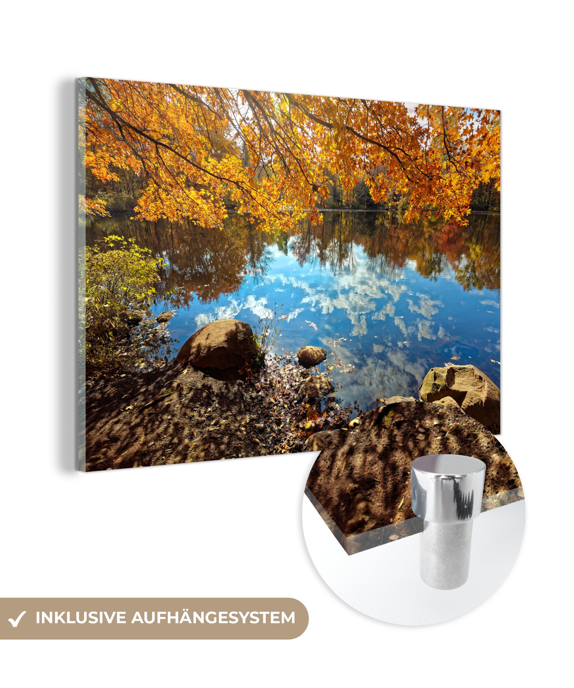 Teich Herbstbäumen St), New Wohnzimmer mit Acrylglasbild & MuchoWow (1 Jersey, Acrylglasbilder in Schlafzimmer