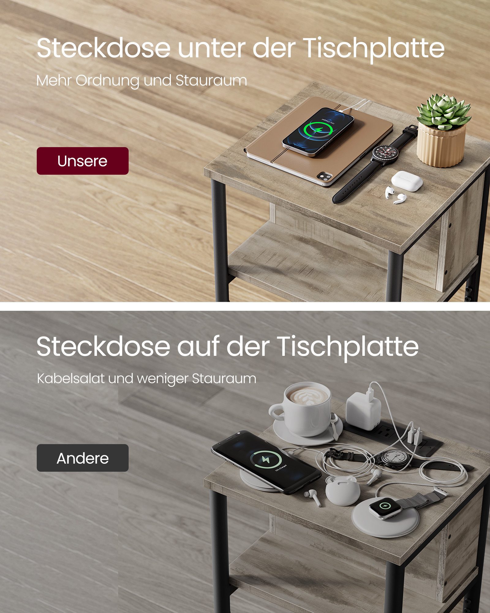 VASAGLE Beistelltisch (1-St), mit Steckdose, 2 AC-Anschlüsse, 2 USB-Anschlüssen