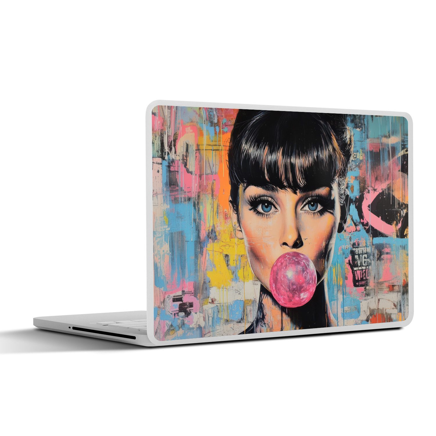 MuchoWow Laptop-Aufkleber Kaugummi - Frau - Pinselstriche - Modern, (1tlg), Laptop Folien Cover, Aufkleber, Sticker, Schutz vor Kratzern, 30x21 cm