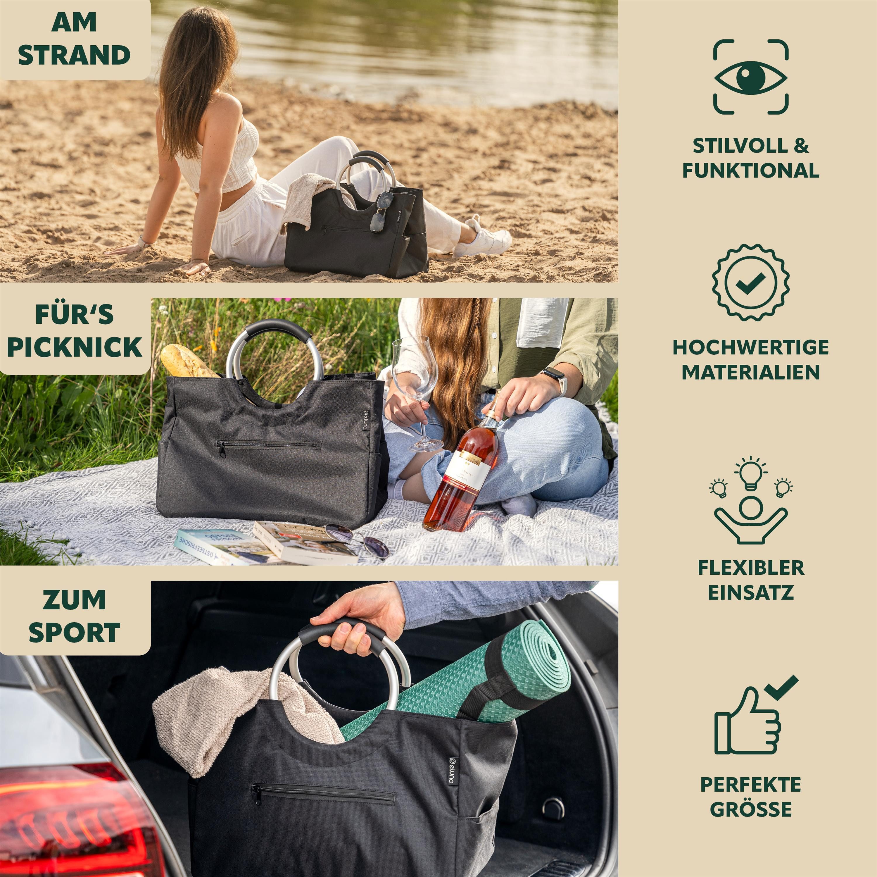 eluno Einkaufskorb WARWE, Polyester wasserabweisend, schwarz 43 x 29,5 x 23,5, 18 l