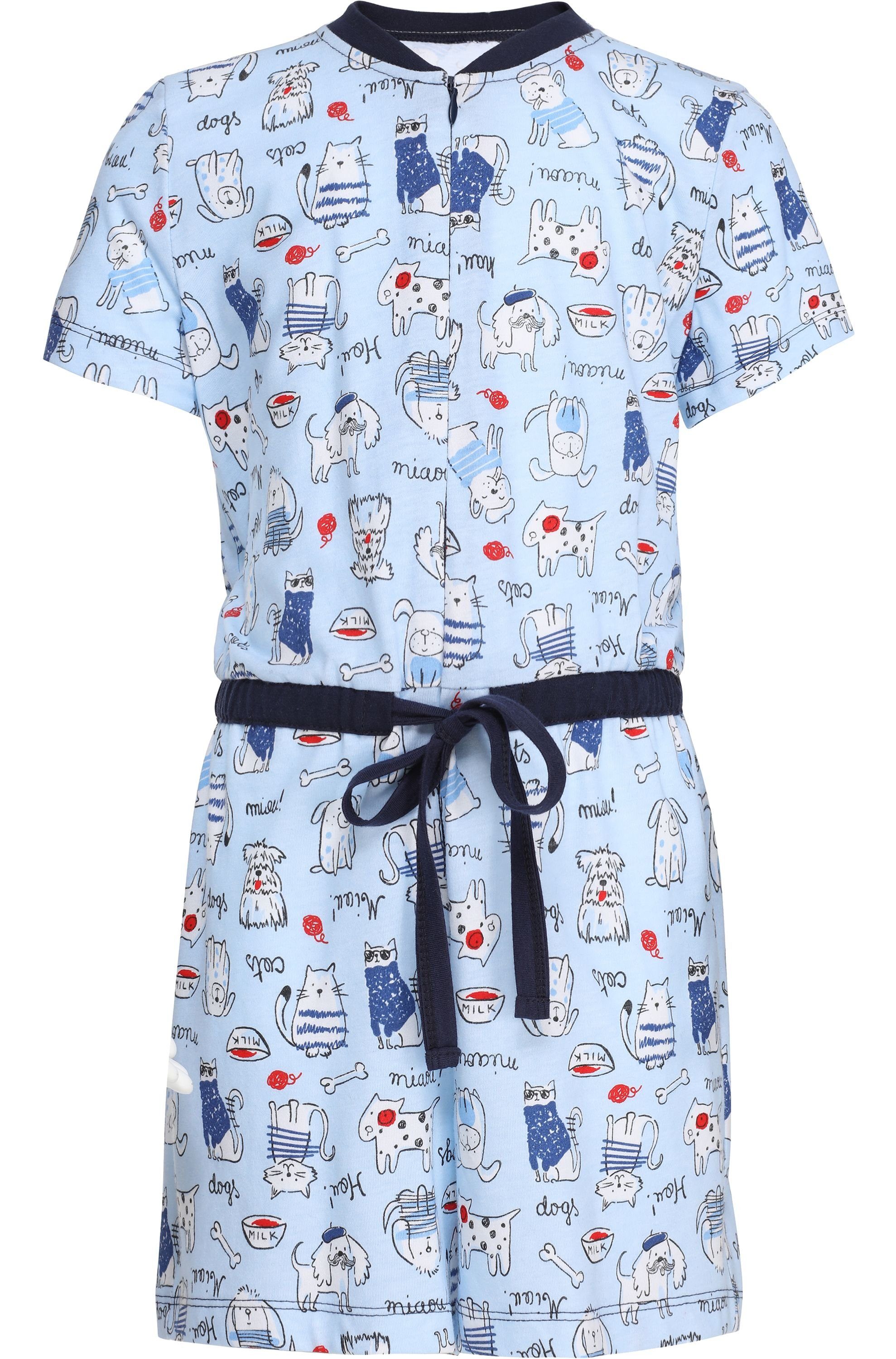 Style Schlafanzug Overall Schlafanzug Short Mädchen Blau/Hunde/Katze MS10-267 Merry