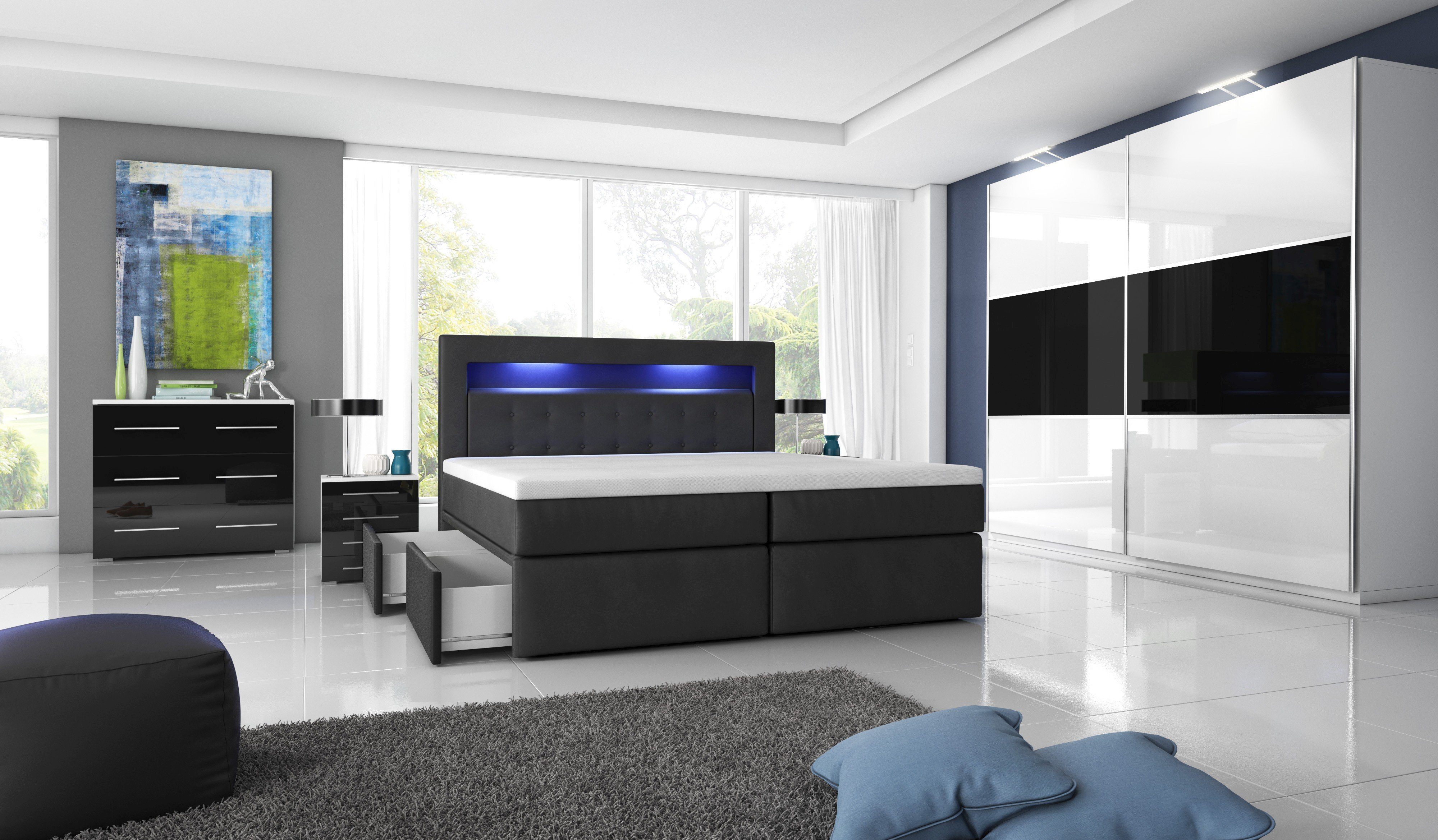 Möbel für Dich Boxspringbett Milano2 mit zwei Schubladen links oder rechts, LED-Licht im Kopfteil, Bezug aus Kunstleder