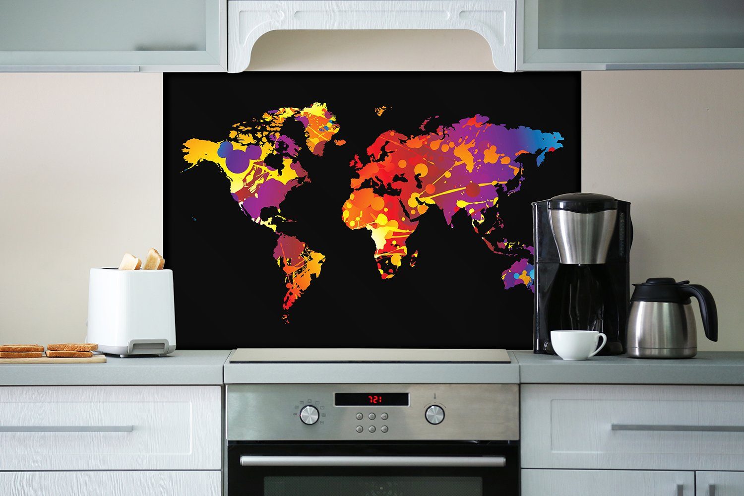 Wallario Küchenrückwand Weltkarte aus Farbspritzern, bunten (1-tlg)